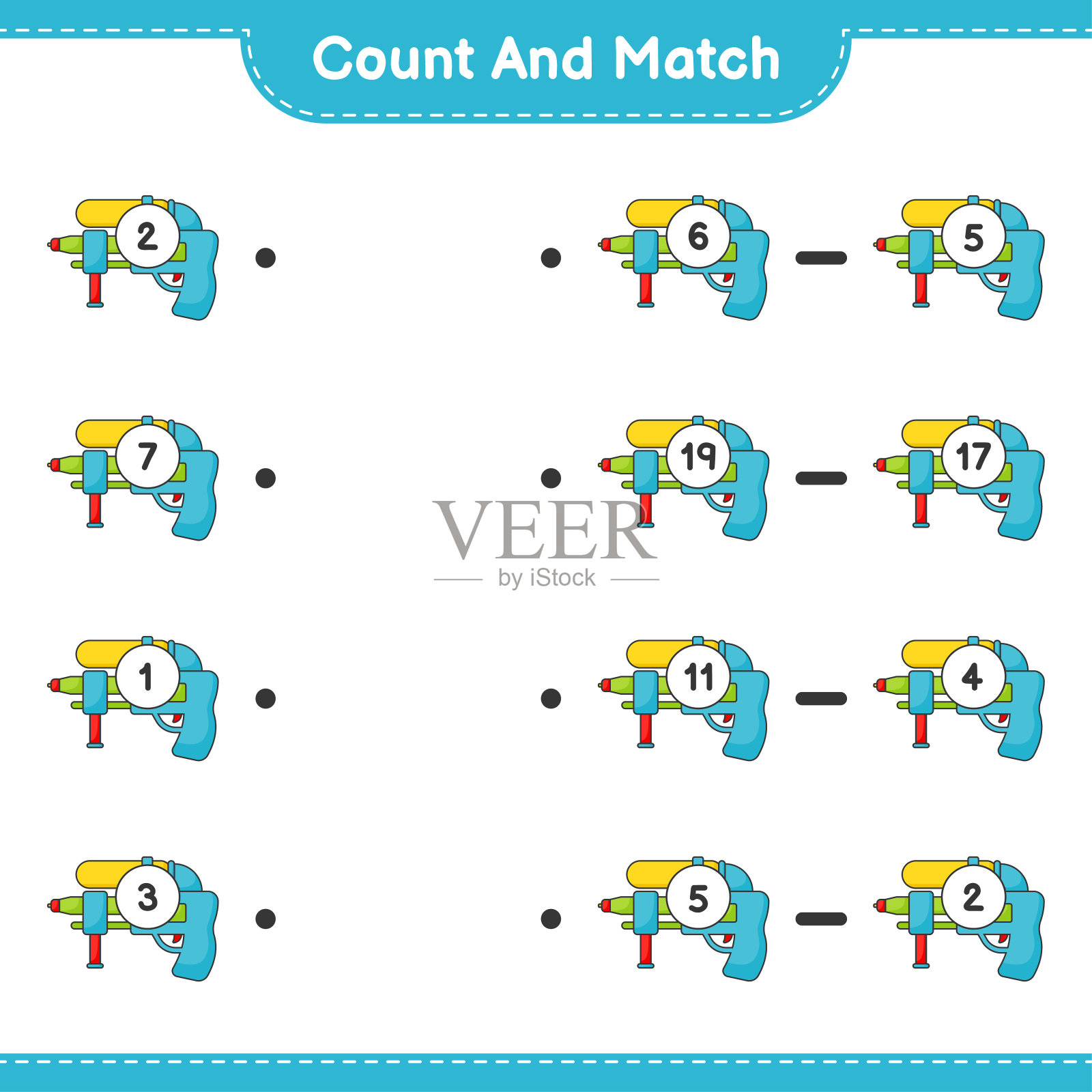 数并匹配，数水枪的数量并匹配正确的数字。教育儿童游戏，可打印的工作表，矢量插图插画图片素材