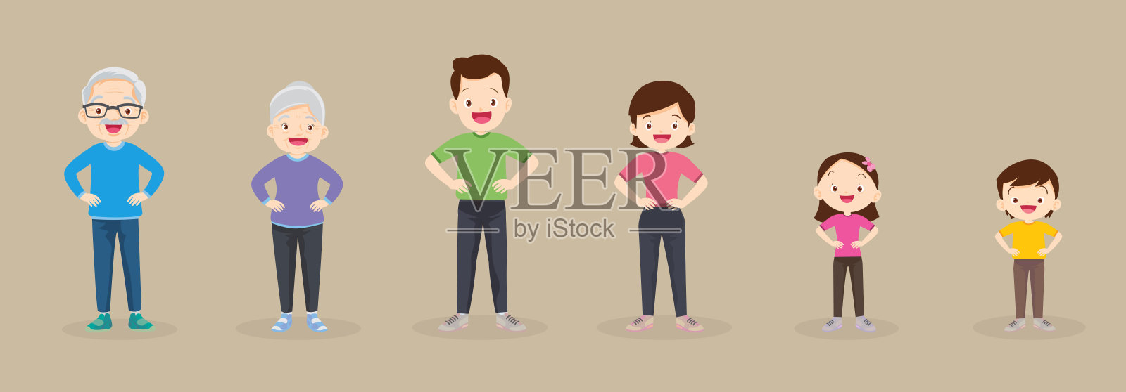 全家人一起手挽腰锻炼身体插画图片素材