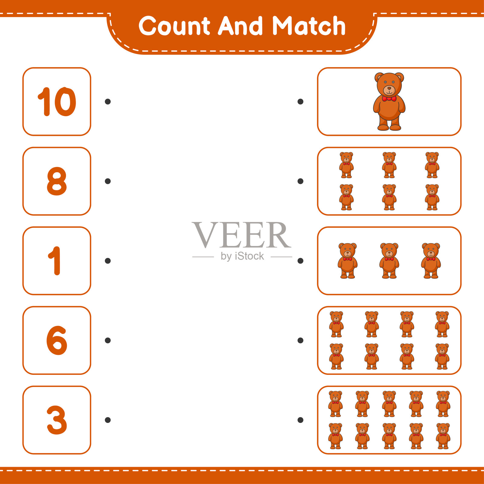 数和匹配，数泰迪熊的数量和正确的数字匹配。教育儿童游戏，可打印的工作表，矢量插图插画图片素材