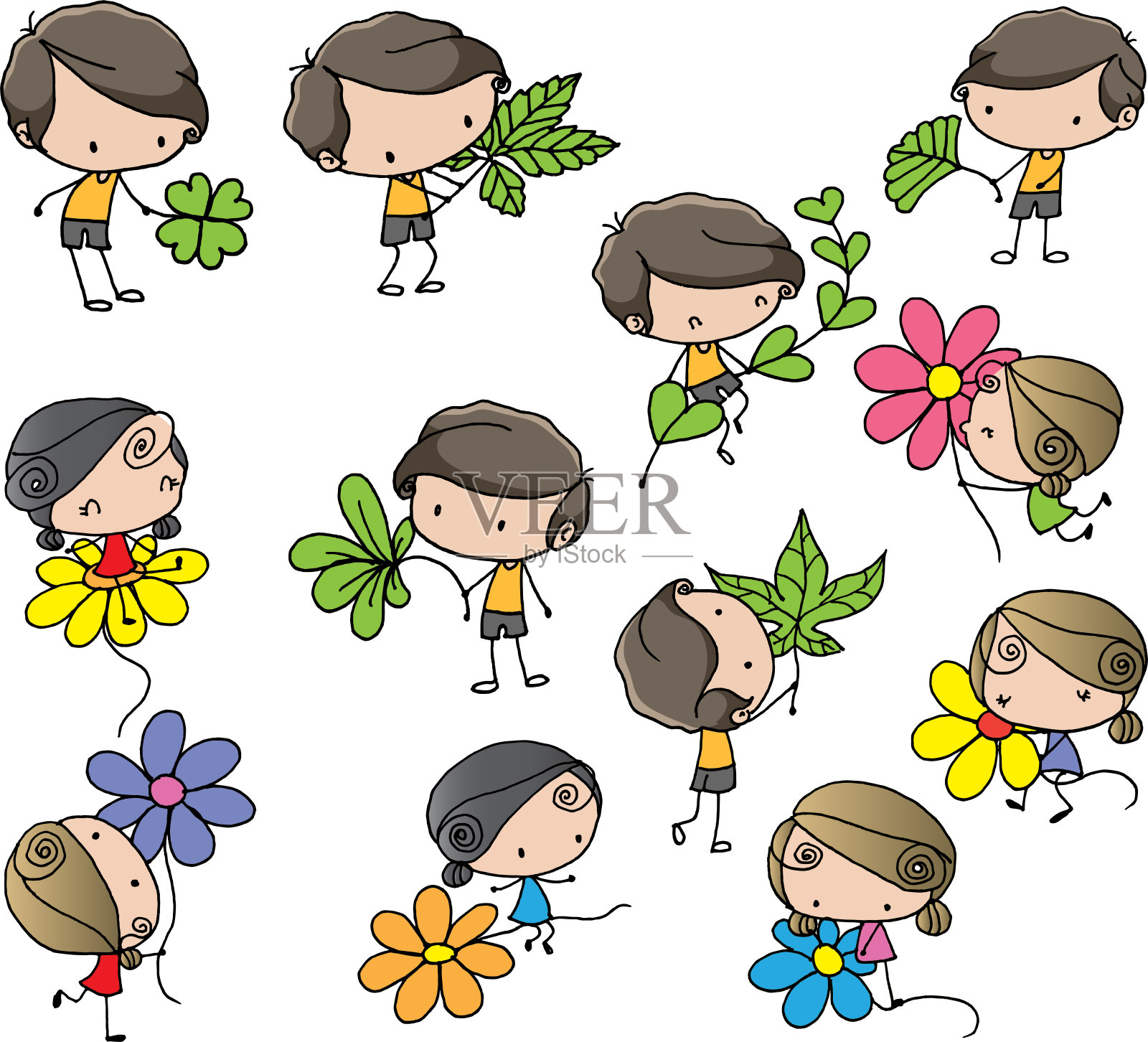 向量卡通男孩和女孩手持鲜花和叶子集设计元素图片