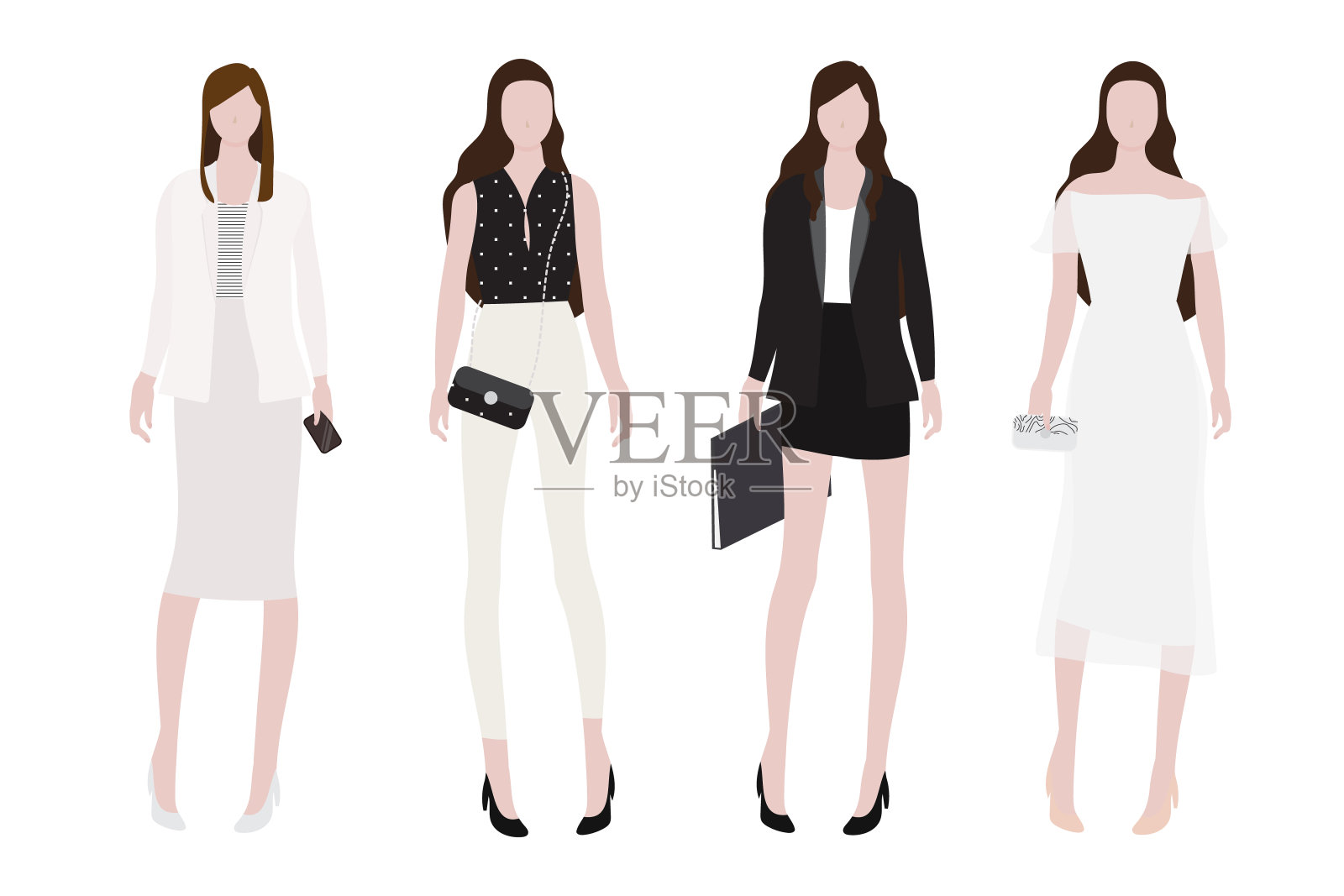 女人在白天到晚上装平底风格集合插画图片素材