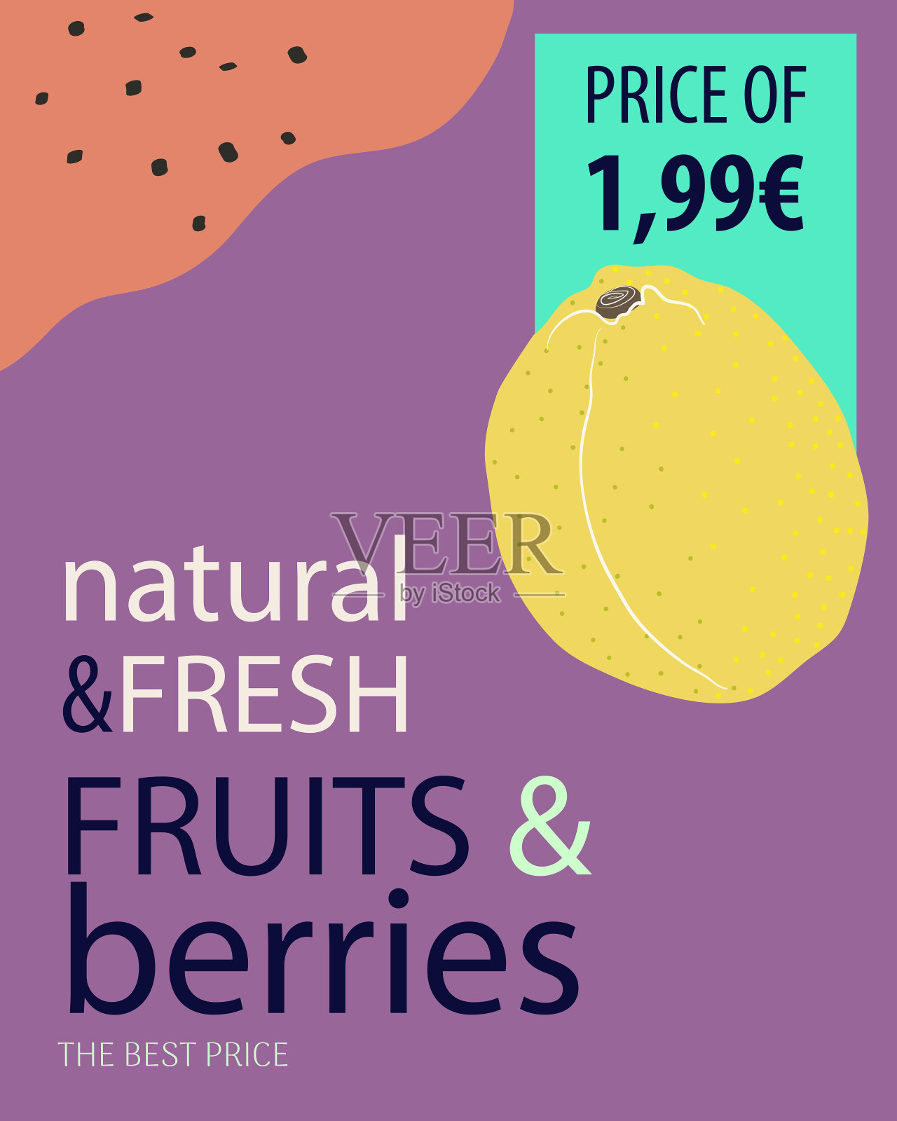 画有黄色柠檬的水果和浆果横幅。绿色蔬菜的彩色价格标签。插画图片素材