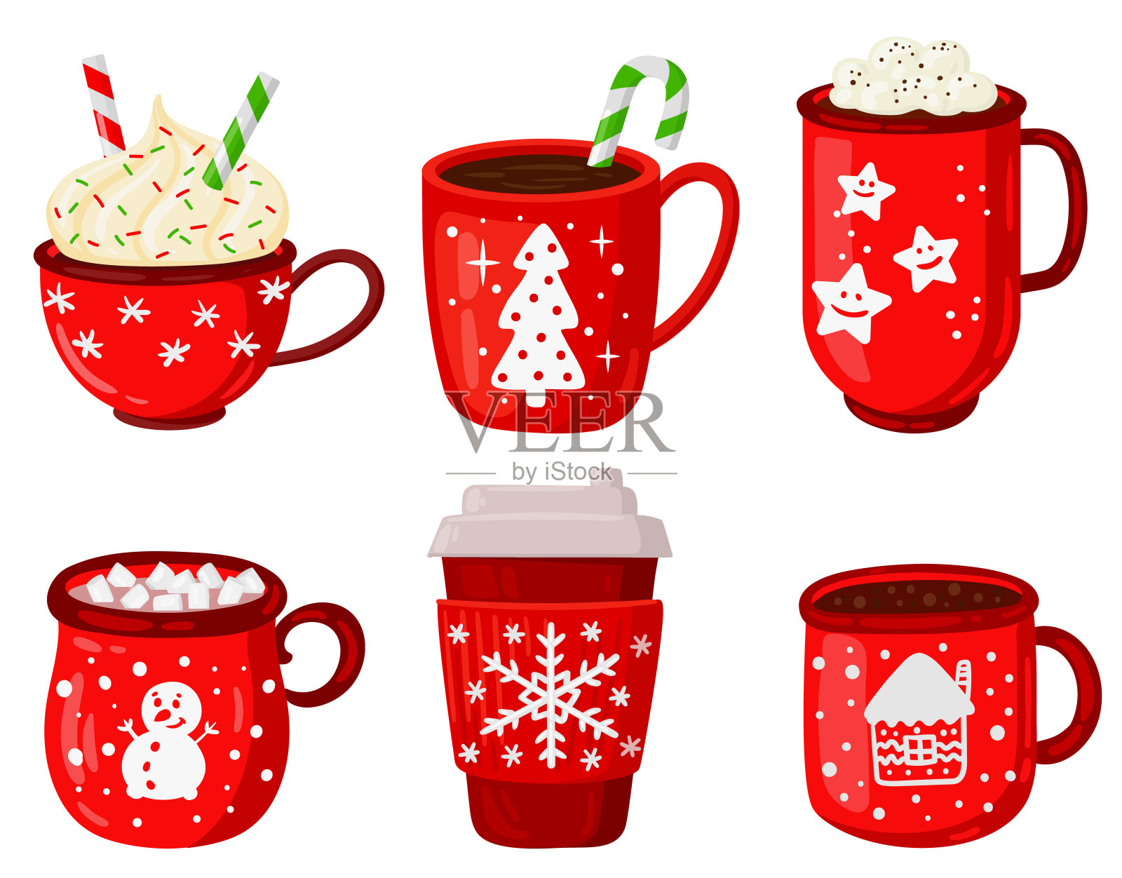 假日热饮。圣诞冬季饮料，拿铁，卡布奇诺和热可可与棉花糖矢量插图集。温馨的杯子里放着圣诞饮料插画图片素材