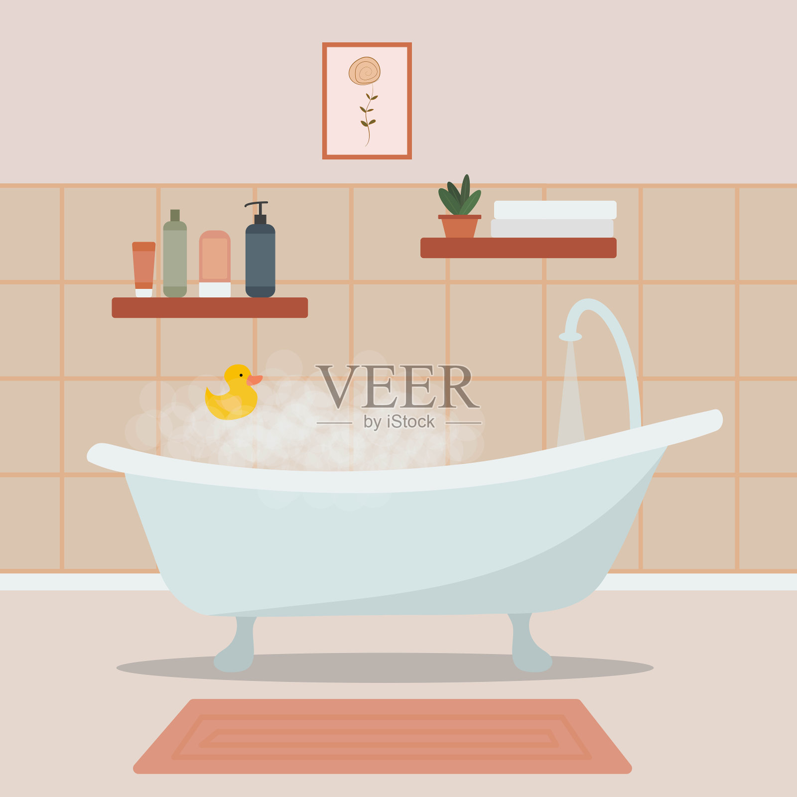 舒适的浴室内部充满泡沫和浴缸配件。舒适的房间里有泡沫浴缸。平面向量插图。插画图片素材