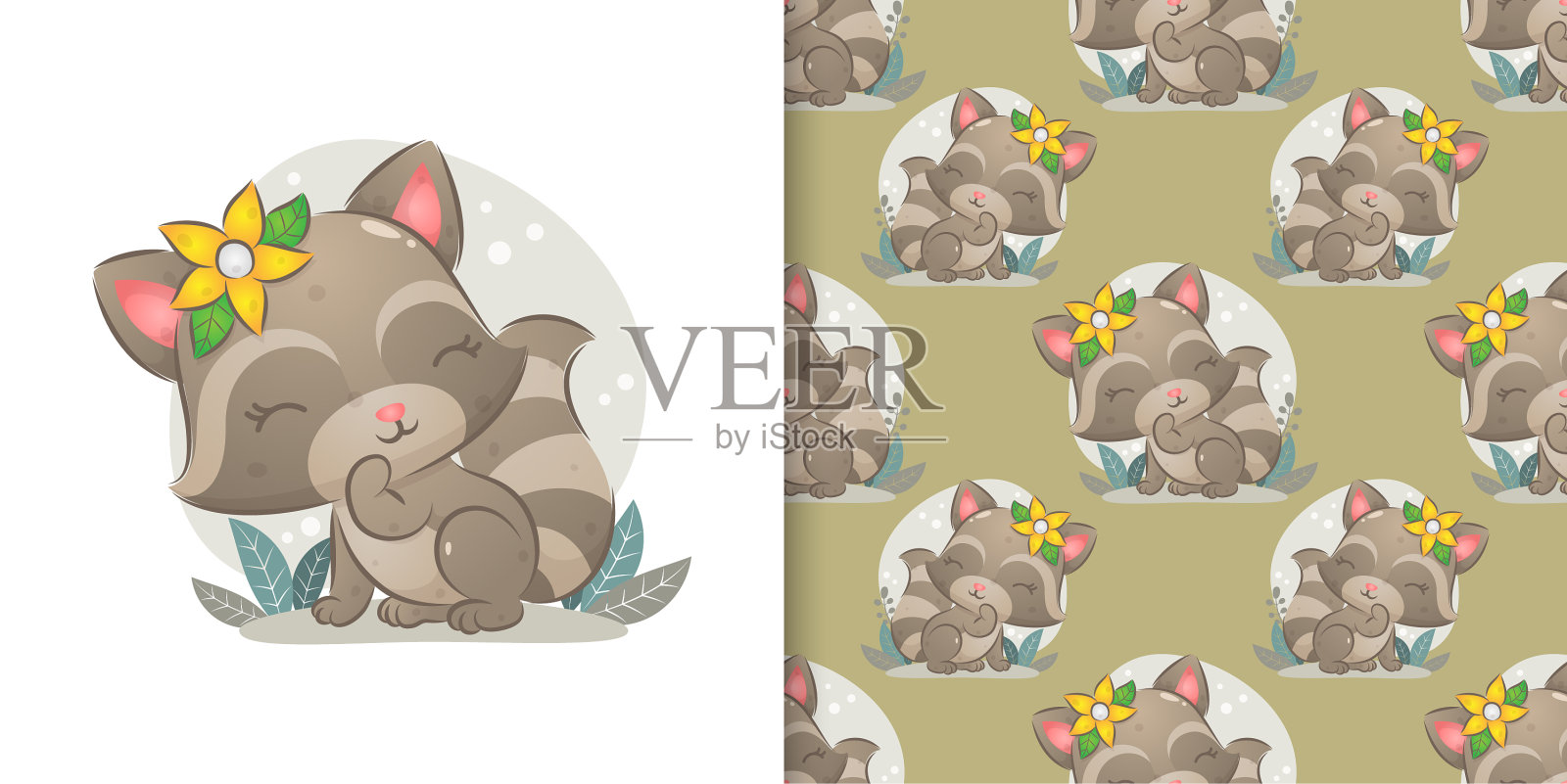 浣熊拿着花发夹玩插画图片素材