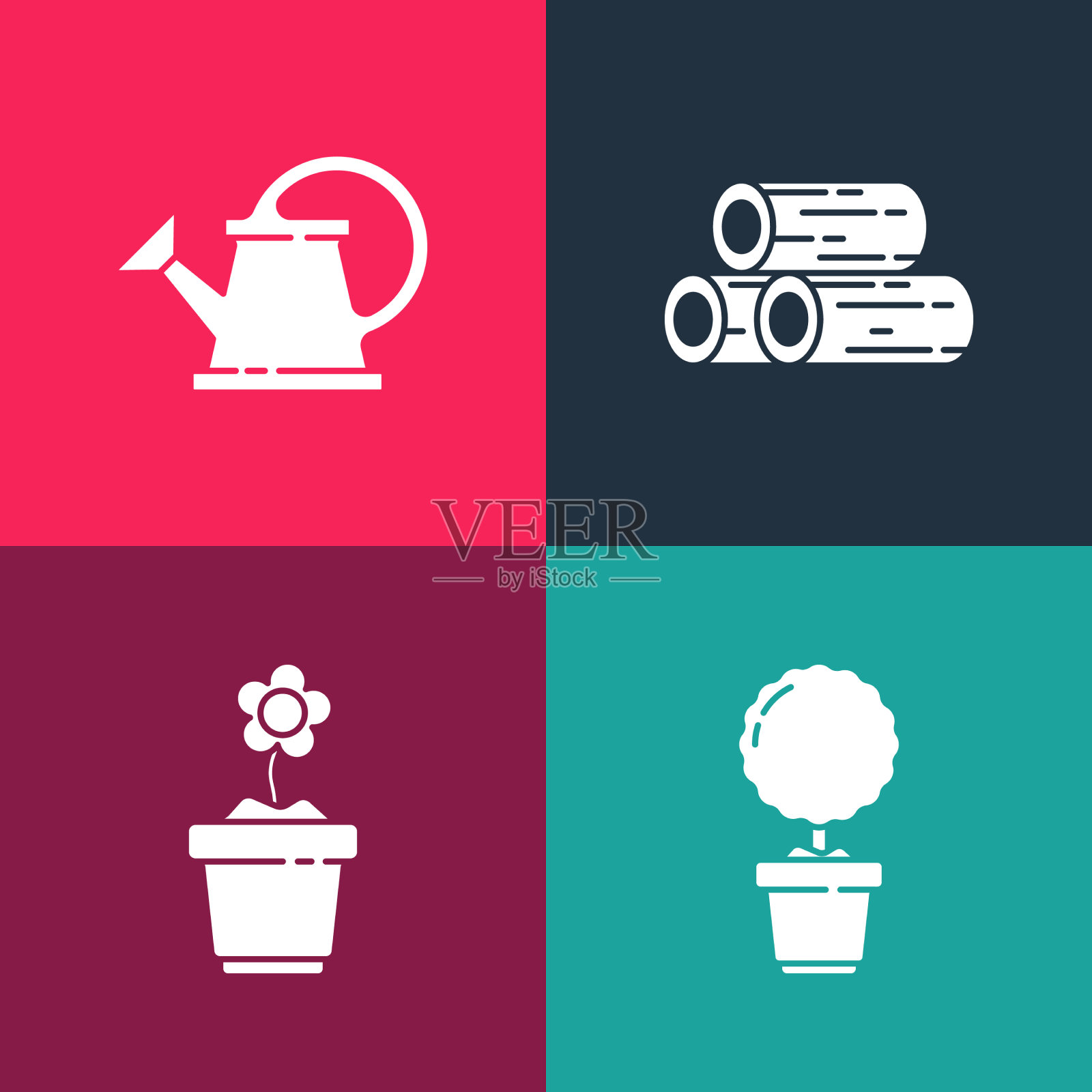 把波普艺术花放在圆木和花盆里图标素材