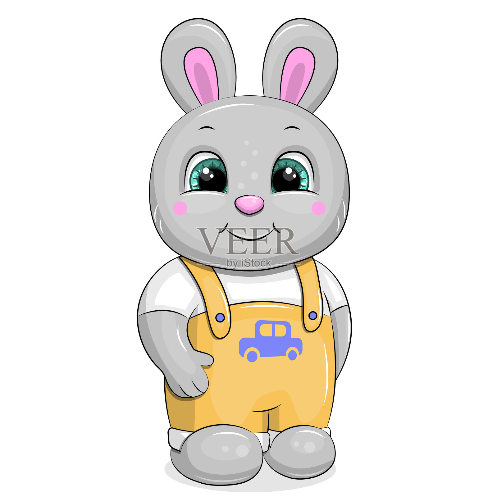 可爱的卡通兔子穿着连体衣和一辆车。插画图片素材