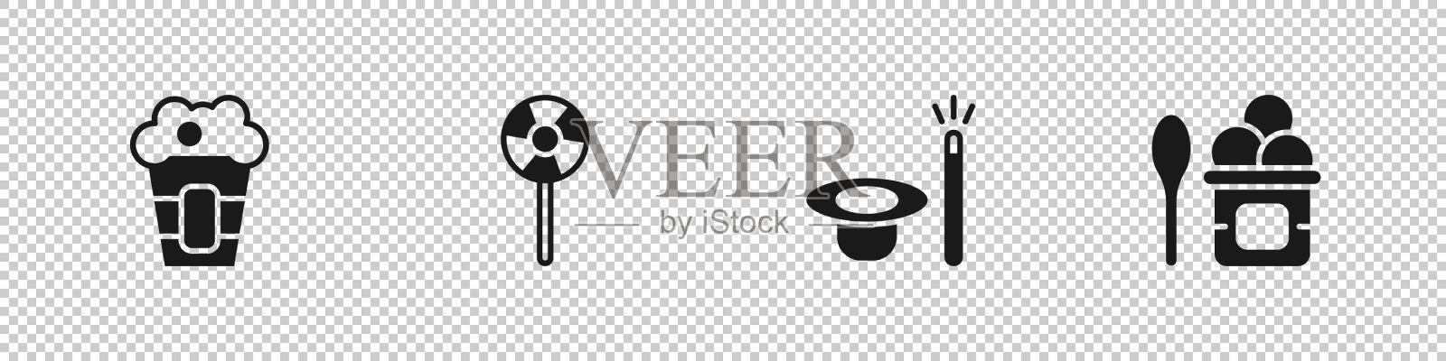 把爆米花放在盒子里，棒棒糖，魔术帽和魔杖图标素材