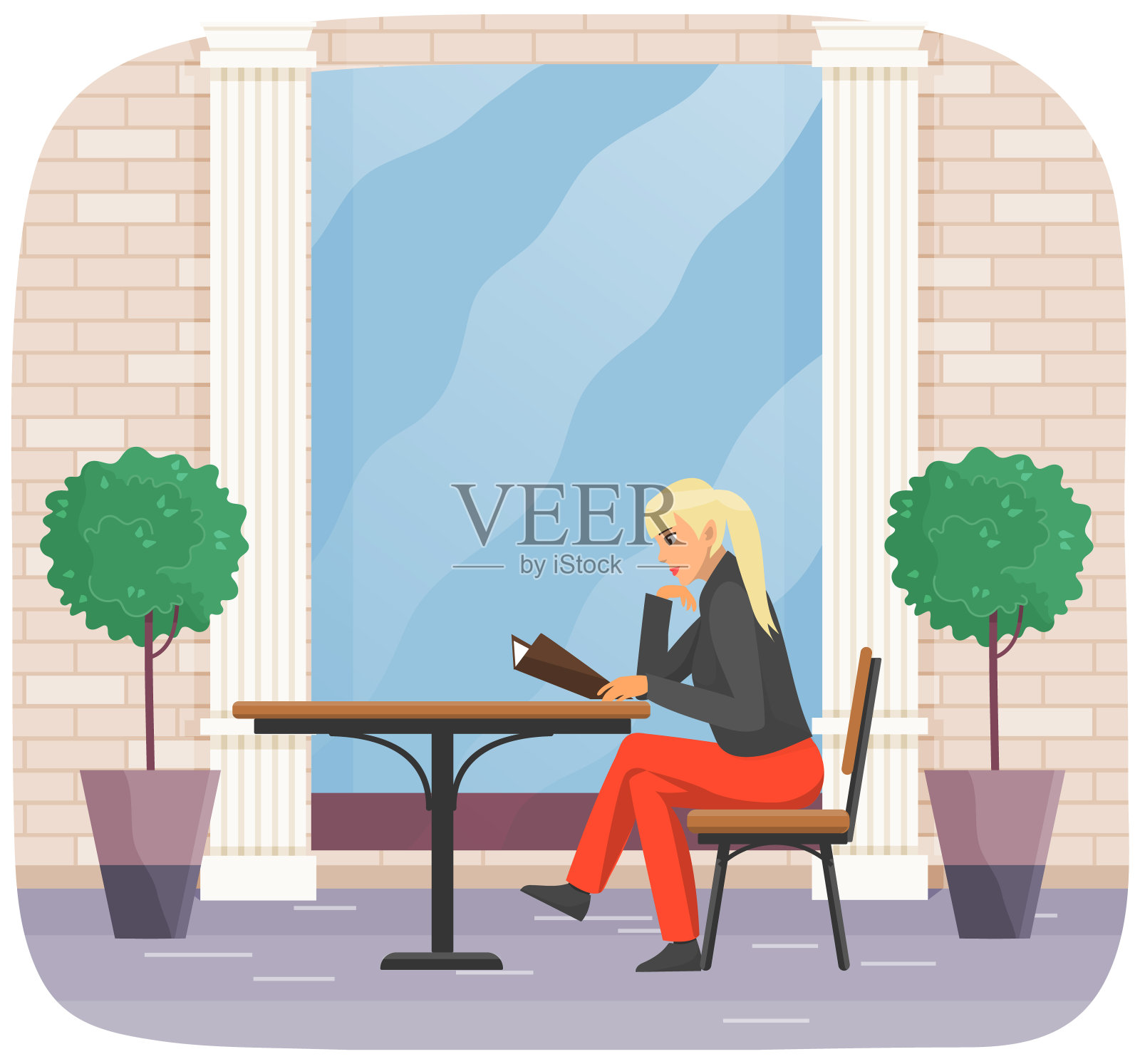 金发女人坐着看菜单。女主人公在自助餐厅点菜插画图片素材