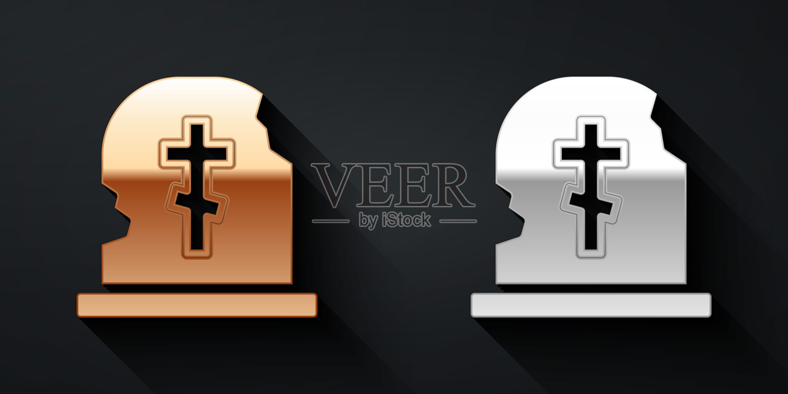 金色和银色坟墓与墓碑图标孤立在黑色背景。长长的阴影风格。向量图标素材