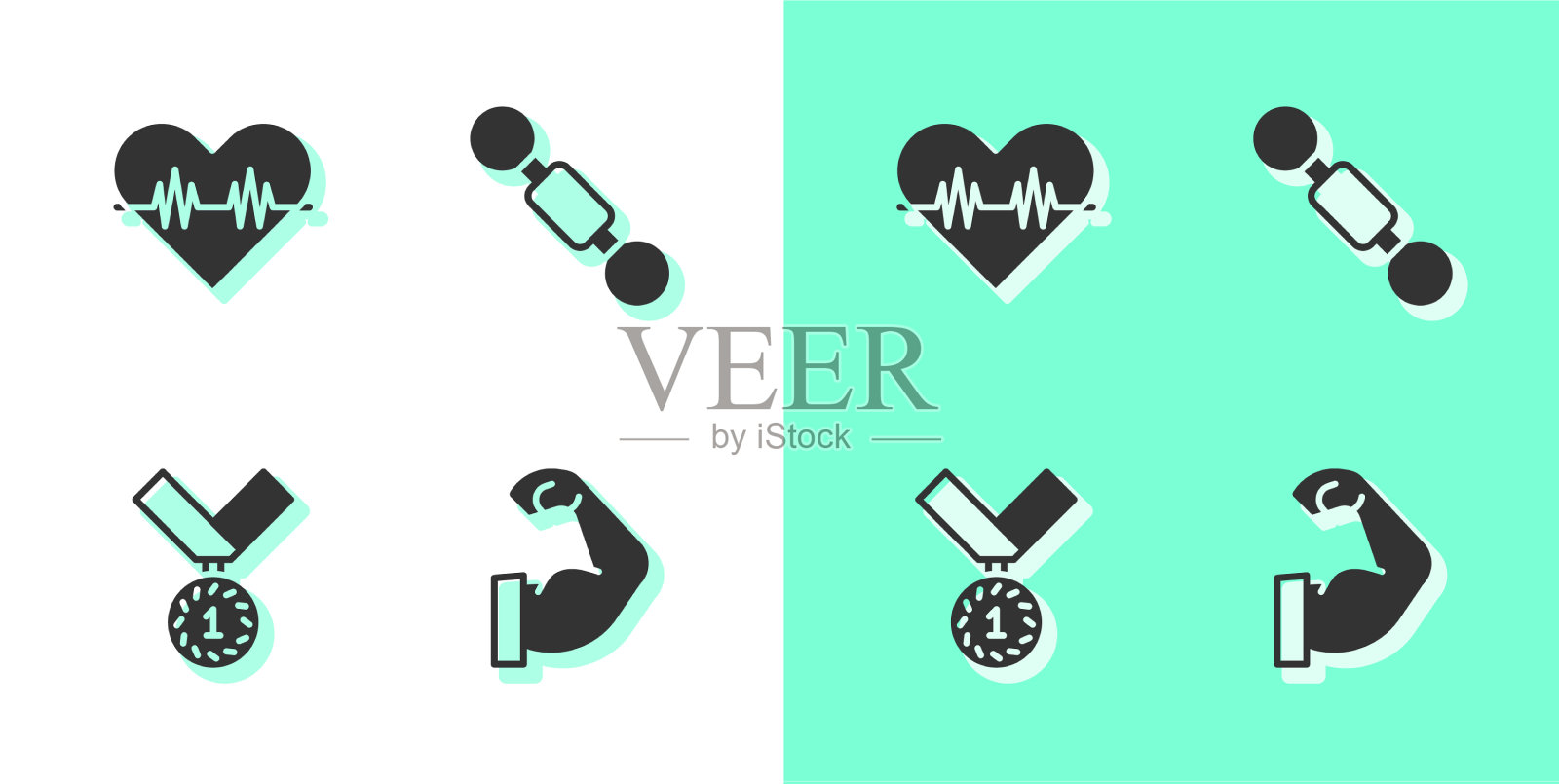 设置健美运动员肌肉心率奖章和图标素材