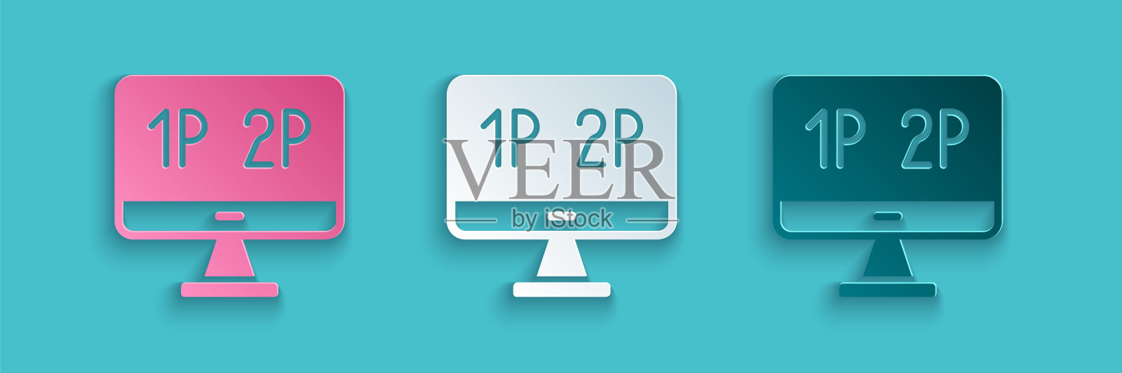 剪纸电脑显示器屏幕图标隔离在蓝色背景。电子装置。前视图。纸艺术风格。向量插画图片素材