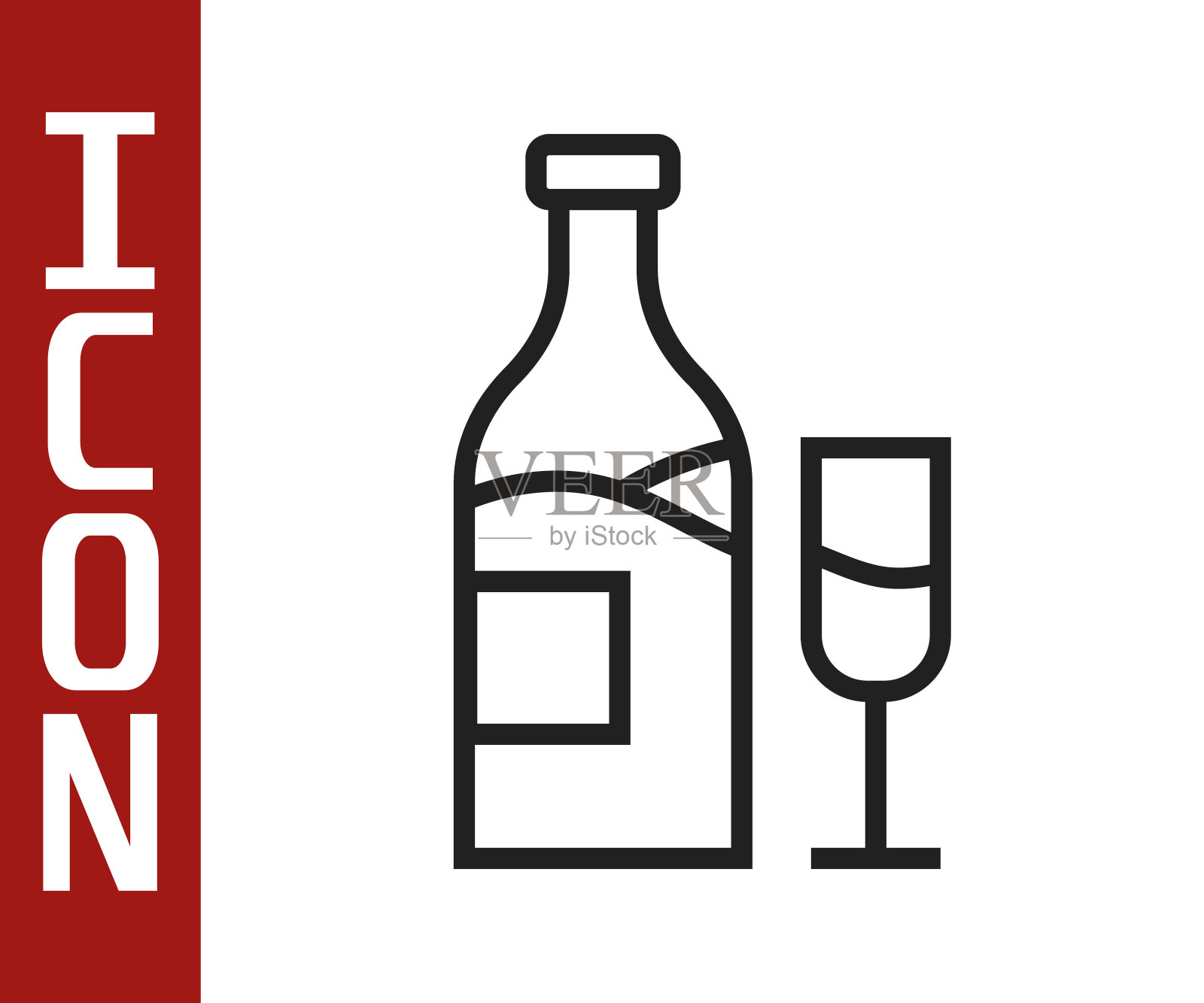 黑线葡萄酒瓶与玻璃图标隔离在白色背景。向量插画图片素材