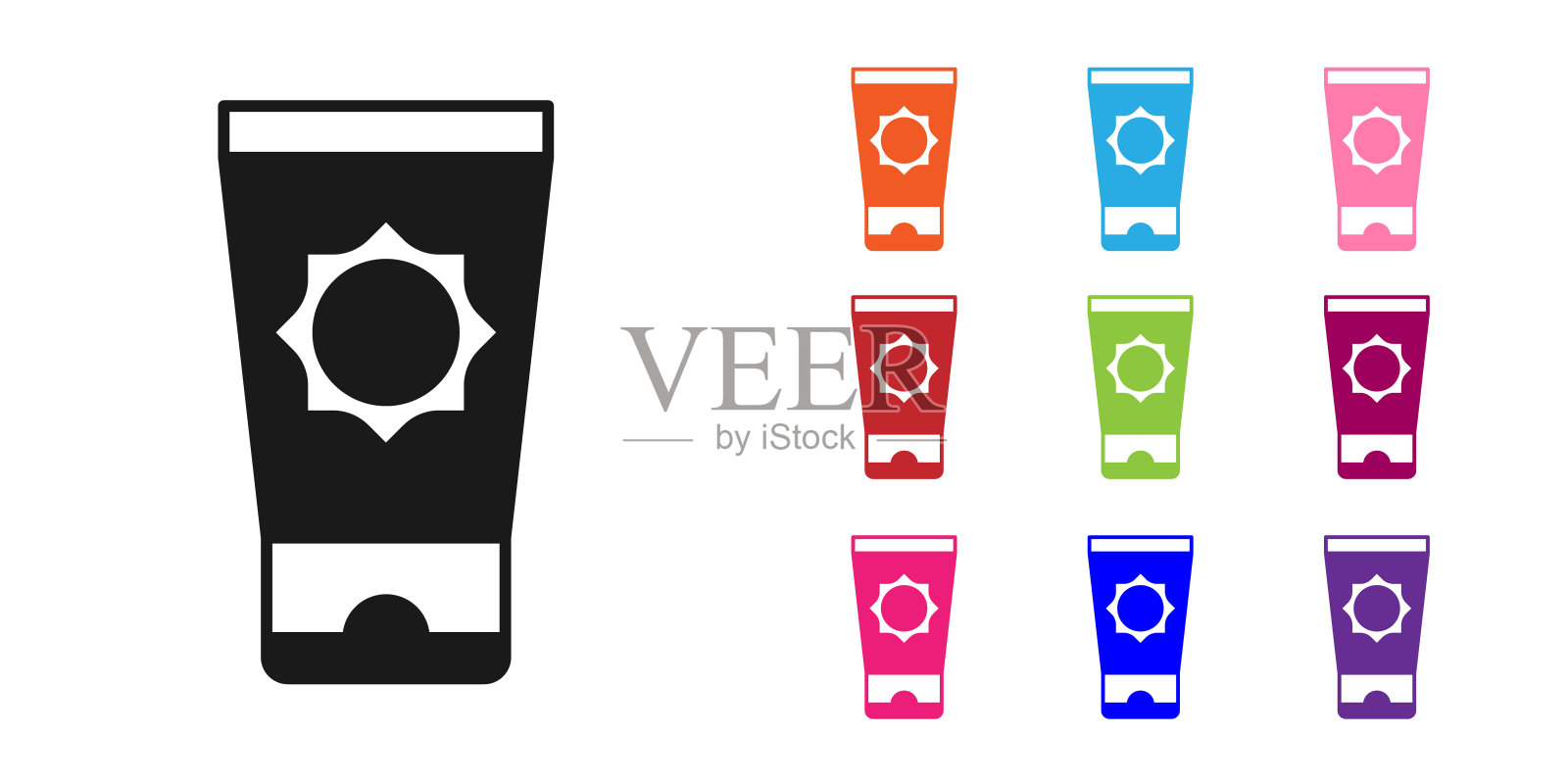 黑色防晒霜在管图标孤立在白色背景。保护皮肤免受太阳紫外线照射。设置图标丰富多彩。向量图标素材