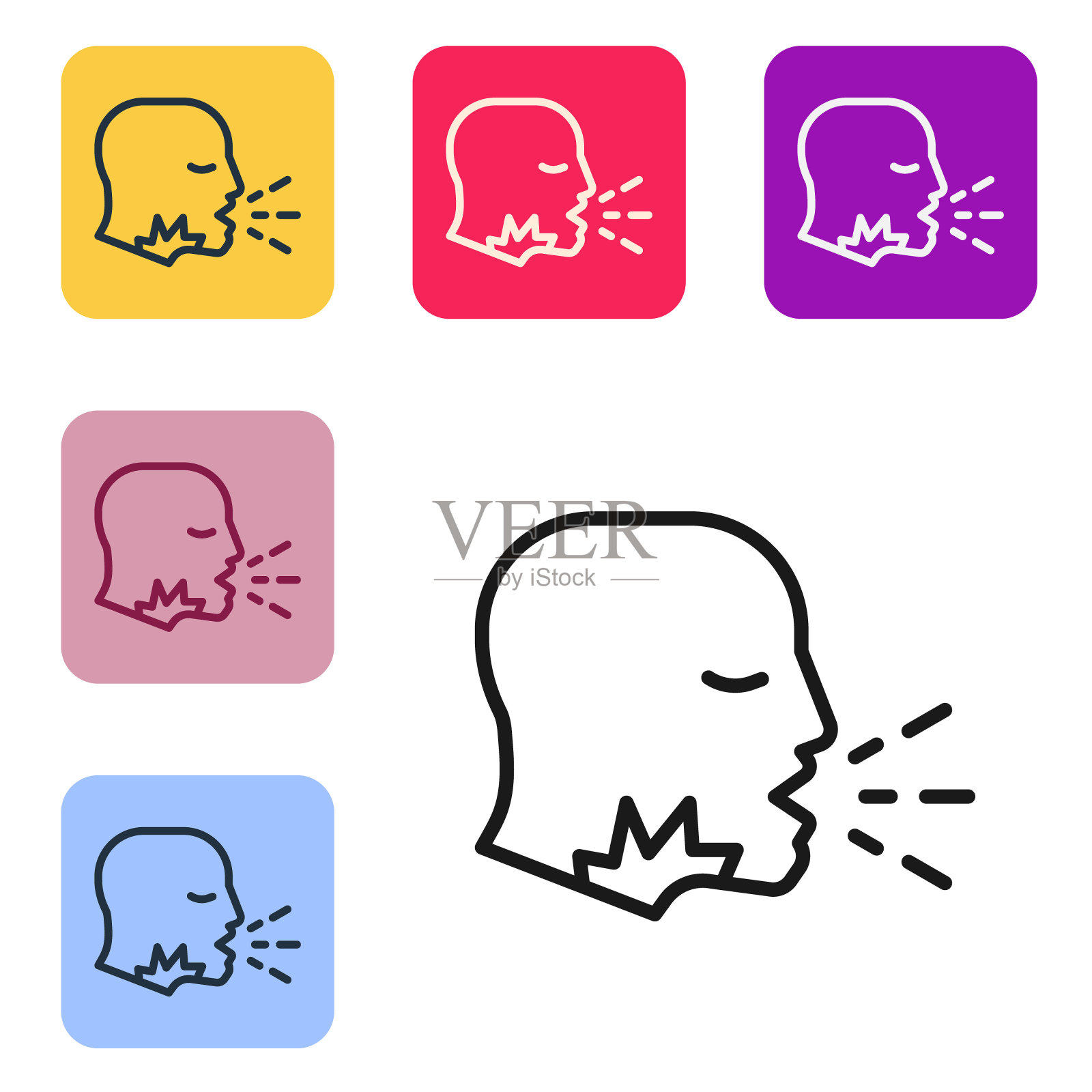 黑线男子咳嗽图标孤立在白色背景。病毒感染，流感，流感，感冒症状。肺结核，腮腺炎，百日咳。设置图标的颜色方形按钮。向量。插画图片素材