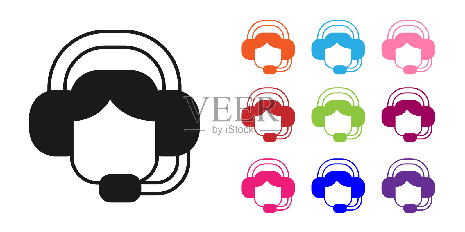 黑人妇女与耳机图标隔离在白色背景。联系支持操作员。呼叫中心、客户支持服务的概念。设置图标丰富多彩。向量设计元素图片