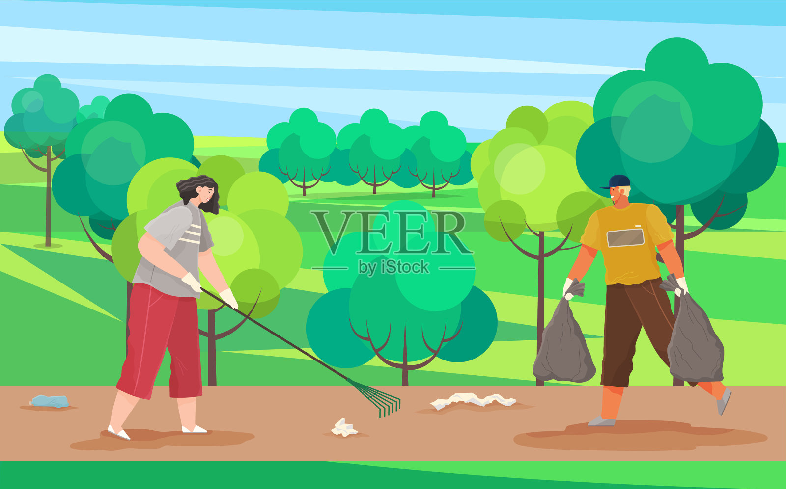 一名男子为回收女工搬运垃圾袋插画图片素材