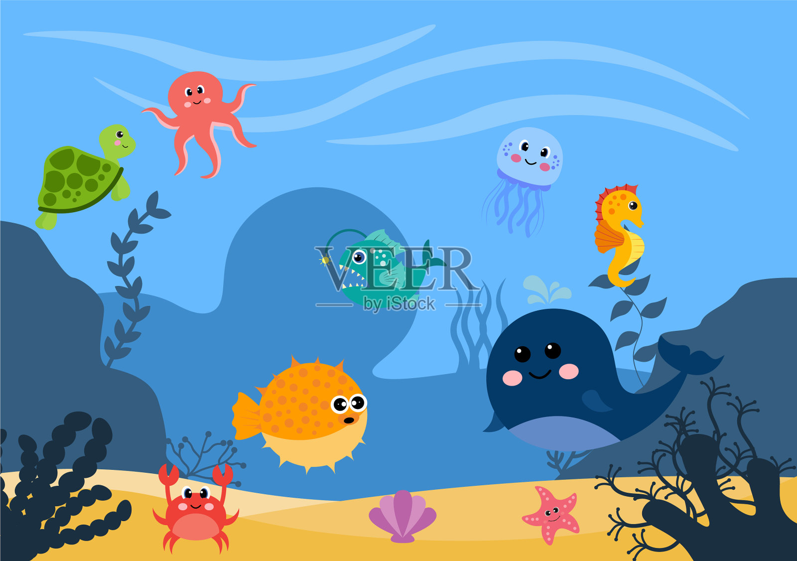 水下的风景和可爱的动物生活在一起插画图片素材