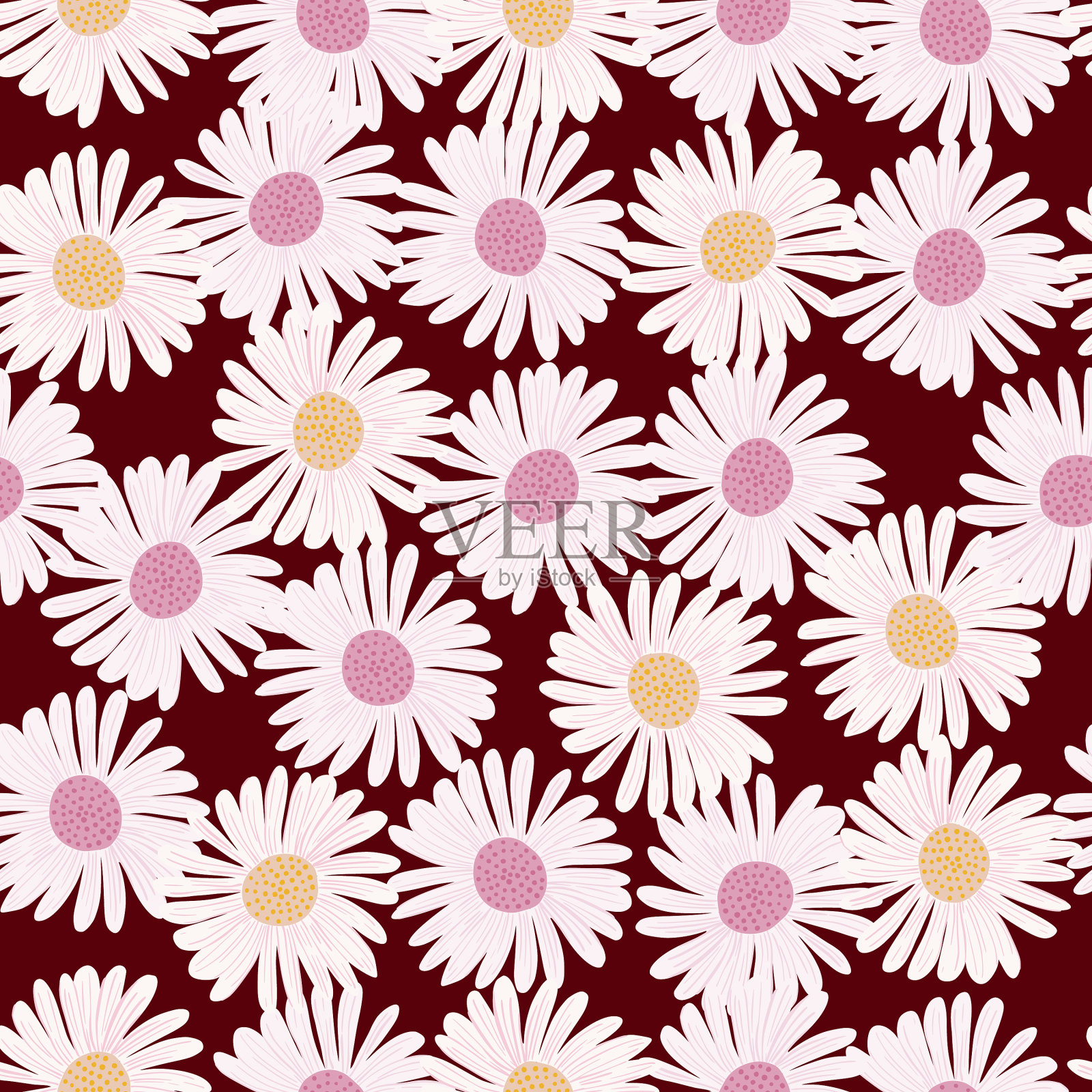 无缝随机图案与白色复古雏菊插画图片素材