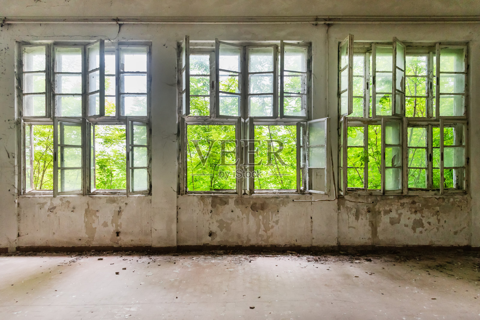 一个废弃的废弃仓库的内部。旧的窗户照片摄影图片