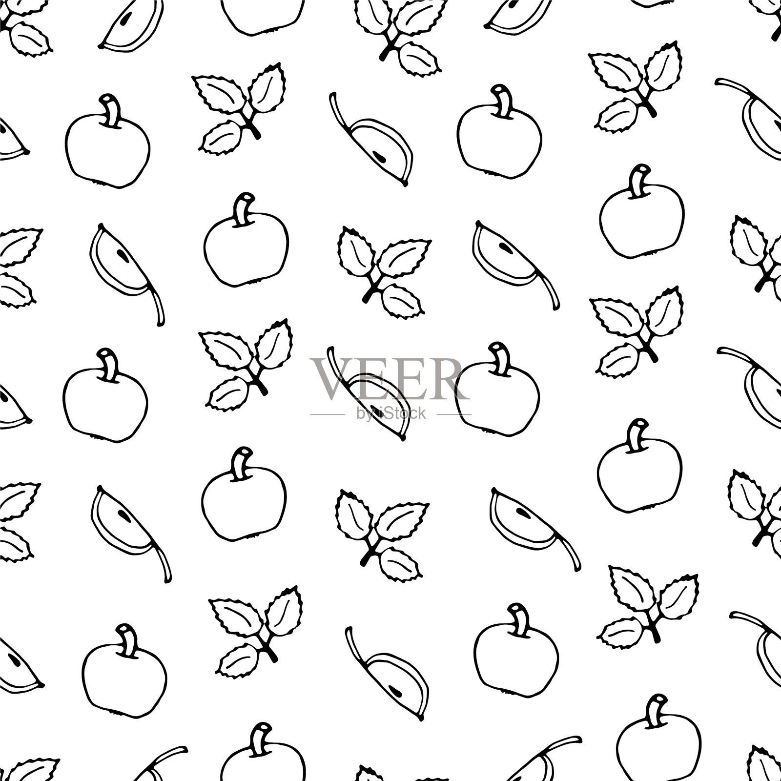无缝图案苹果和秋叶轮廓插画图片素材