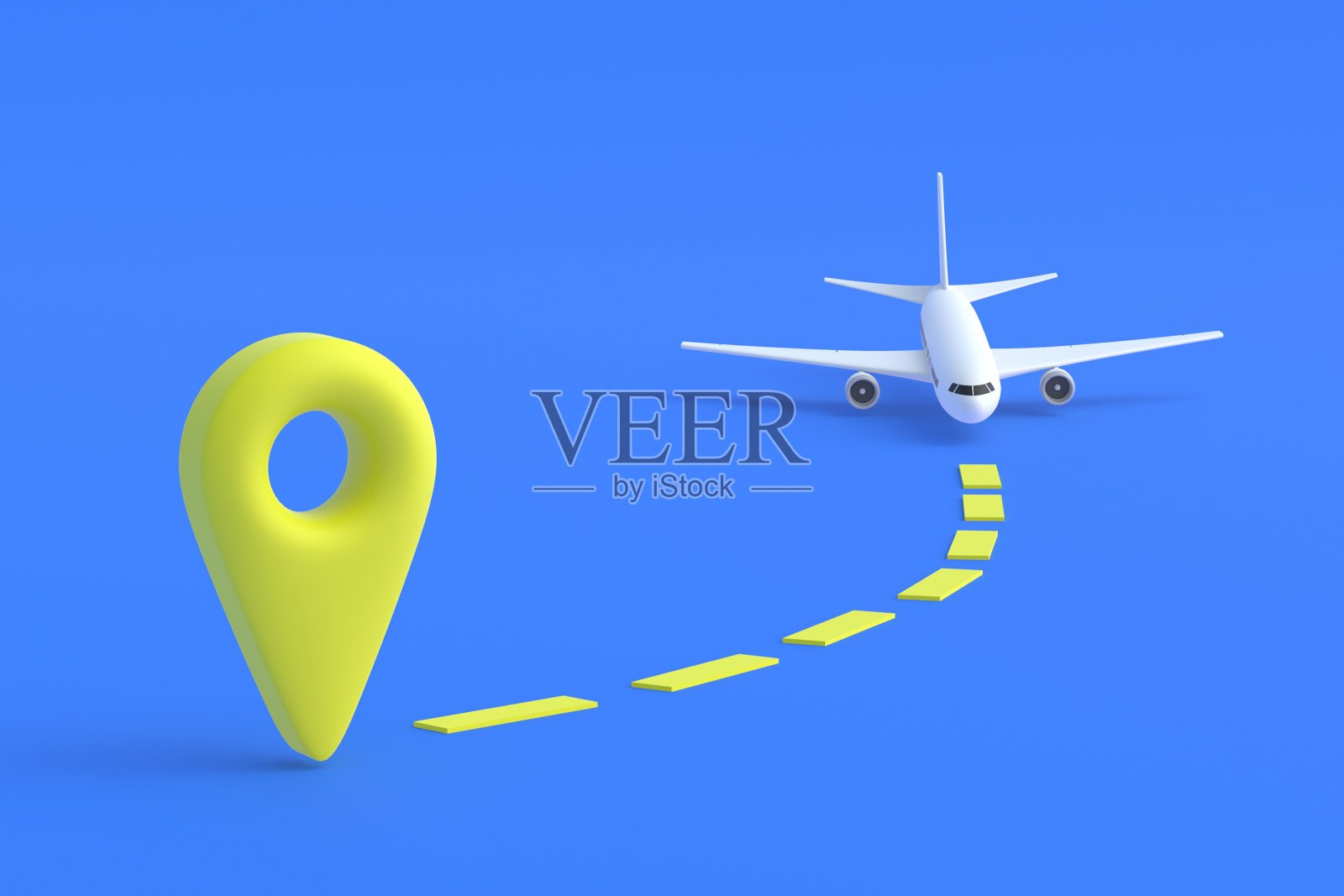 飞机靠近gps黄色标记，地理位置在蓝色背景上。飞机到达，起飞。全球物流。一个游客，飞行路线。三维渲染照片摄影图片