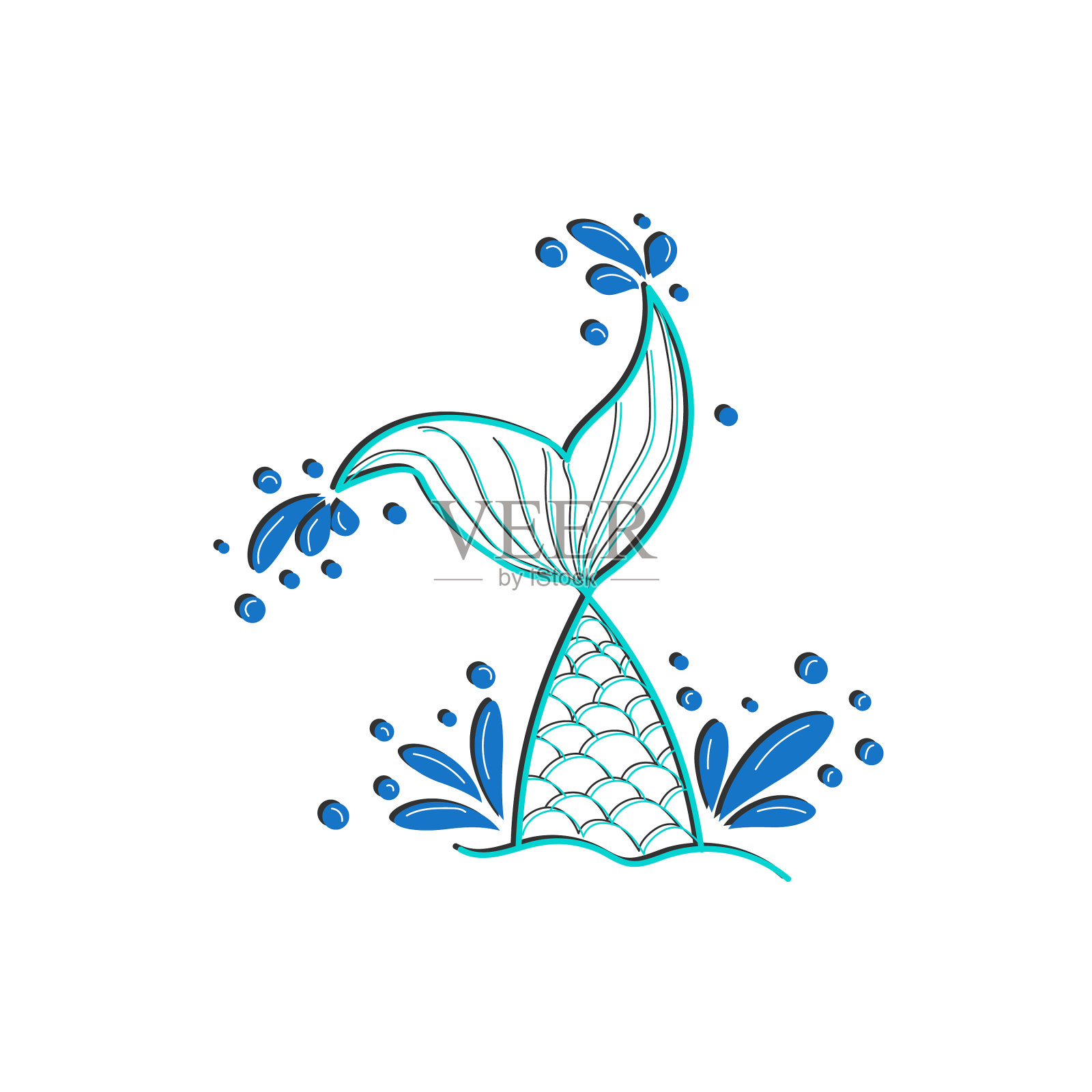 手绘剪影美人鱼的尾巴孤立设计元素图片