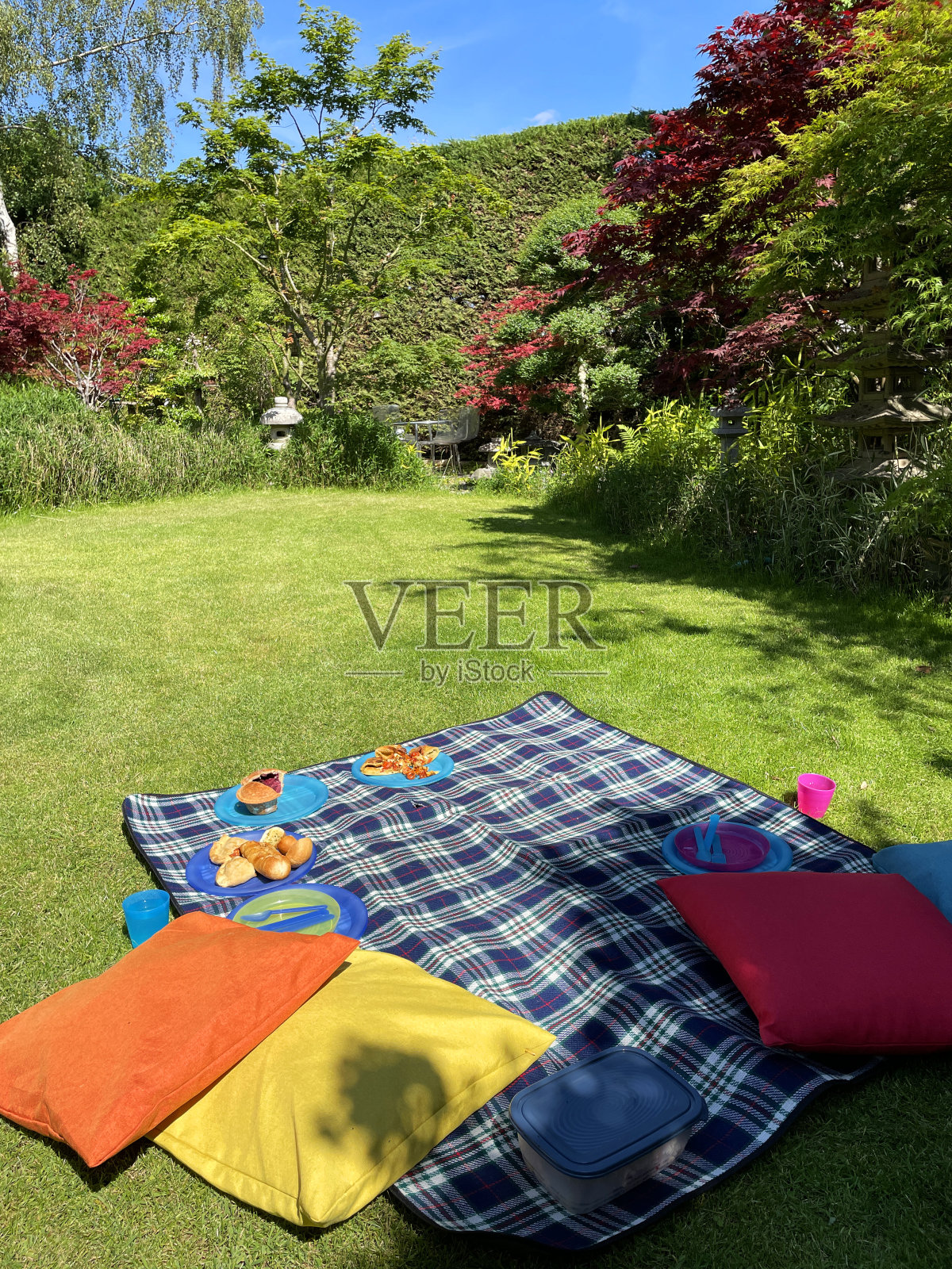 摆着塑料盘子、杯子和餐具的坐垫和野餐毯，充满活力的草地花园草坪草地在充分的春天的阳光和树荫，野餐食物在景观家庭后花园，日本石灯笼，清澈的蓝天照片摄影图片