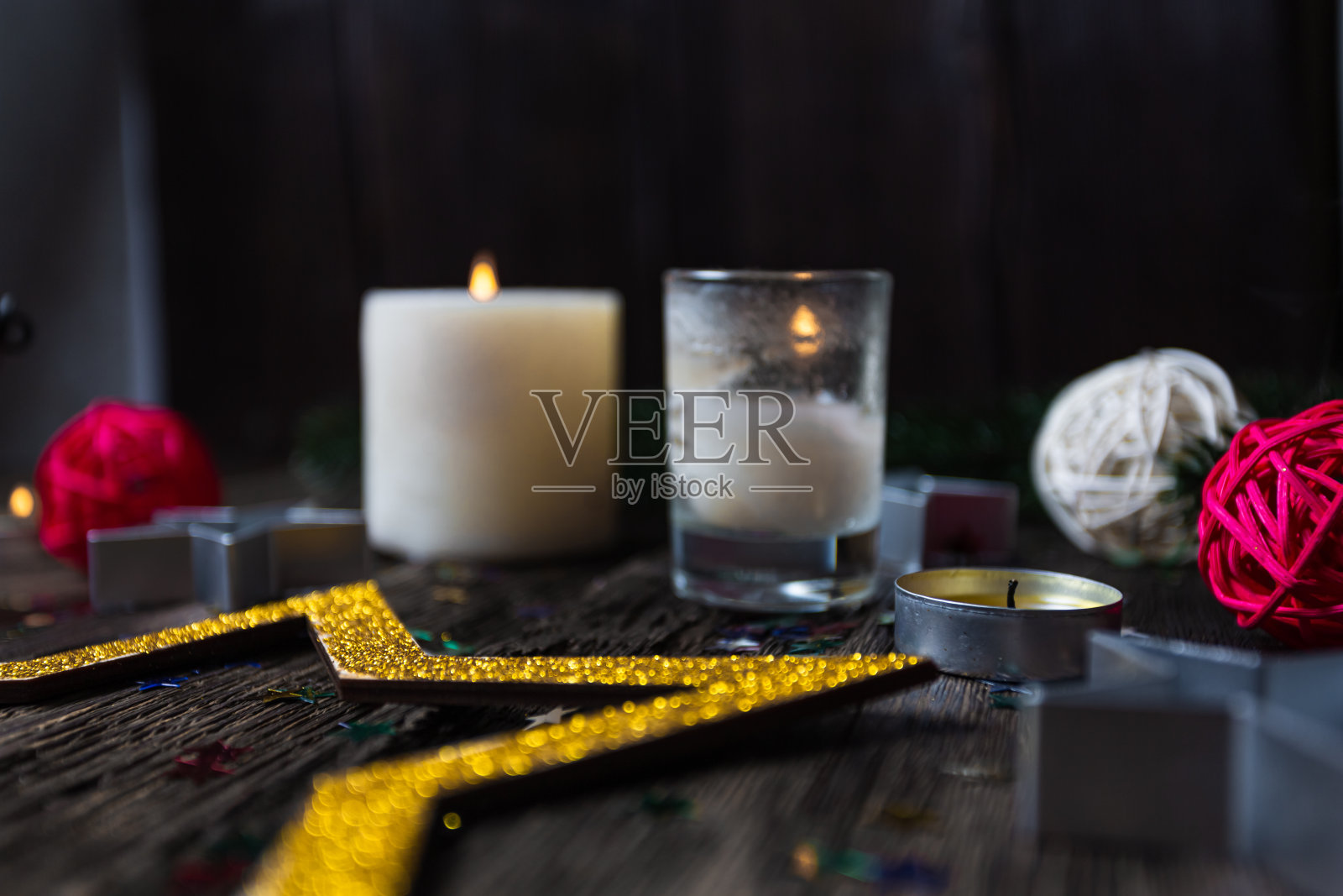 圣诞背景星星燃烧蜡烛照片摄影图片