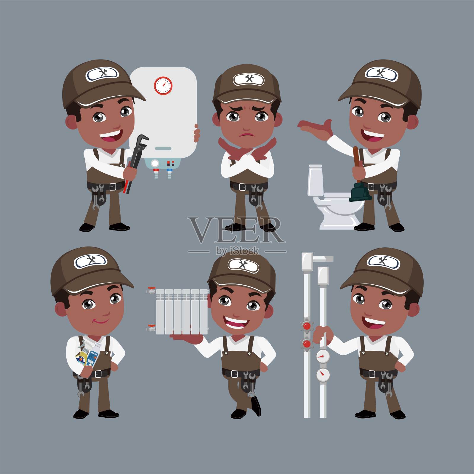 一组不同姿势的水管工插画图片素材