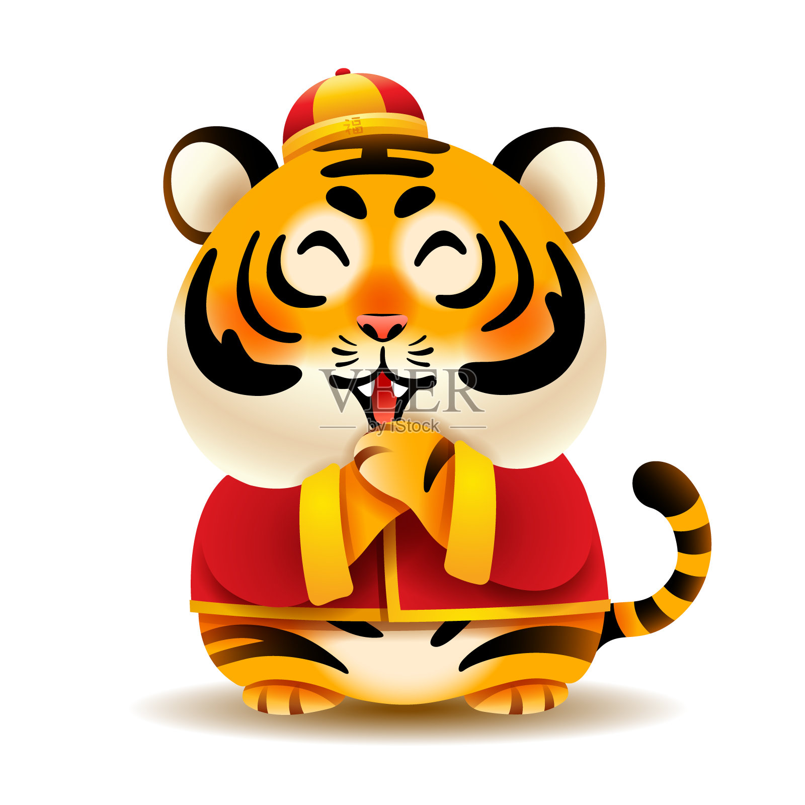 可爱的小老虎穿着中国传统服装向公喜公喜问好。孤立。插画图片素材