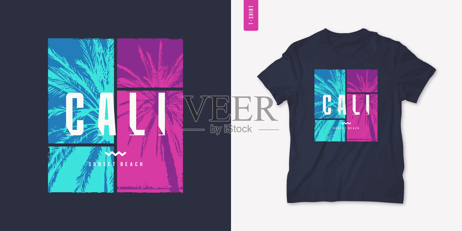 日落海滩图形t恤设计，矢量插图插画图片素材