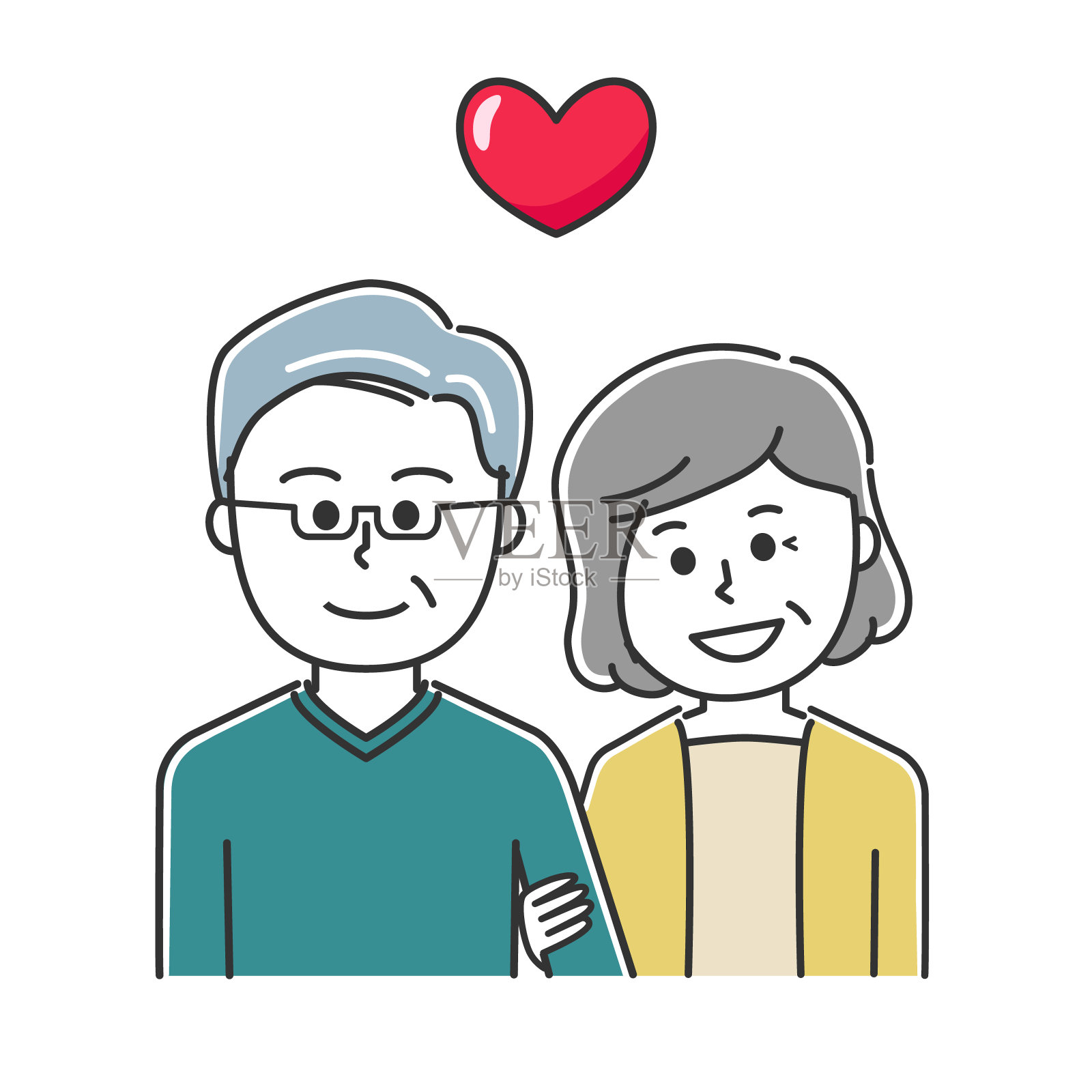 一对可爱的老年夫妇手挽手散步。插画图片素材