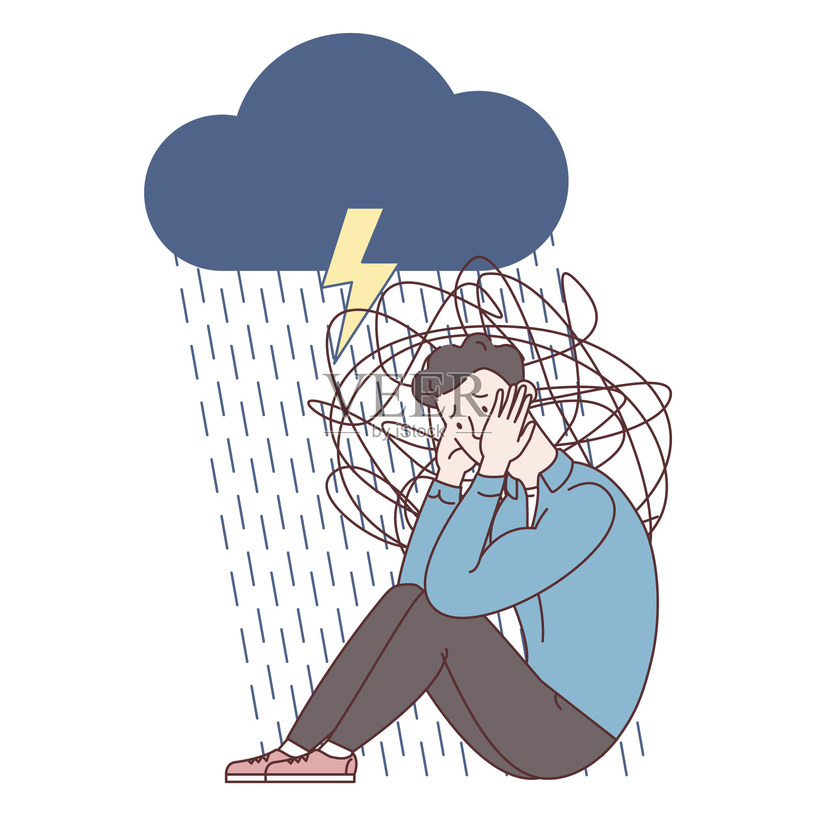 人带着焦虑摸着脑袋，周围全是思考。精神错乱和意识混乱。沮丧的家伙与神经问题感到焦虑和混乱的思想抽象平面插图。插画图片素材