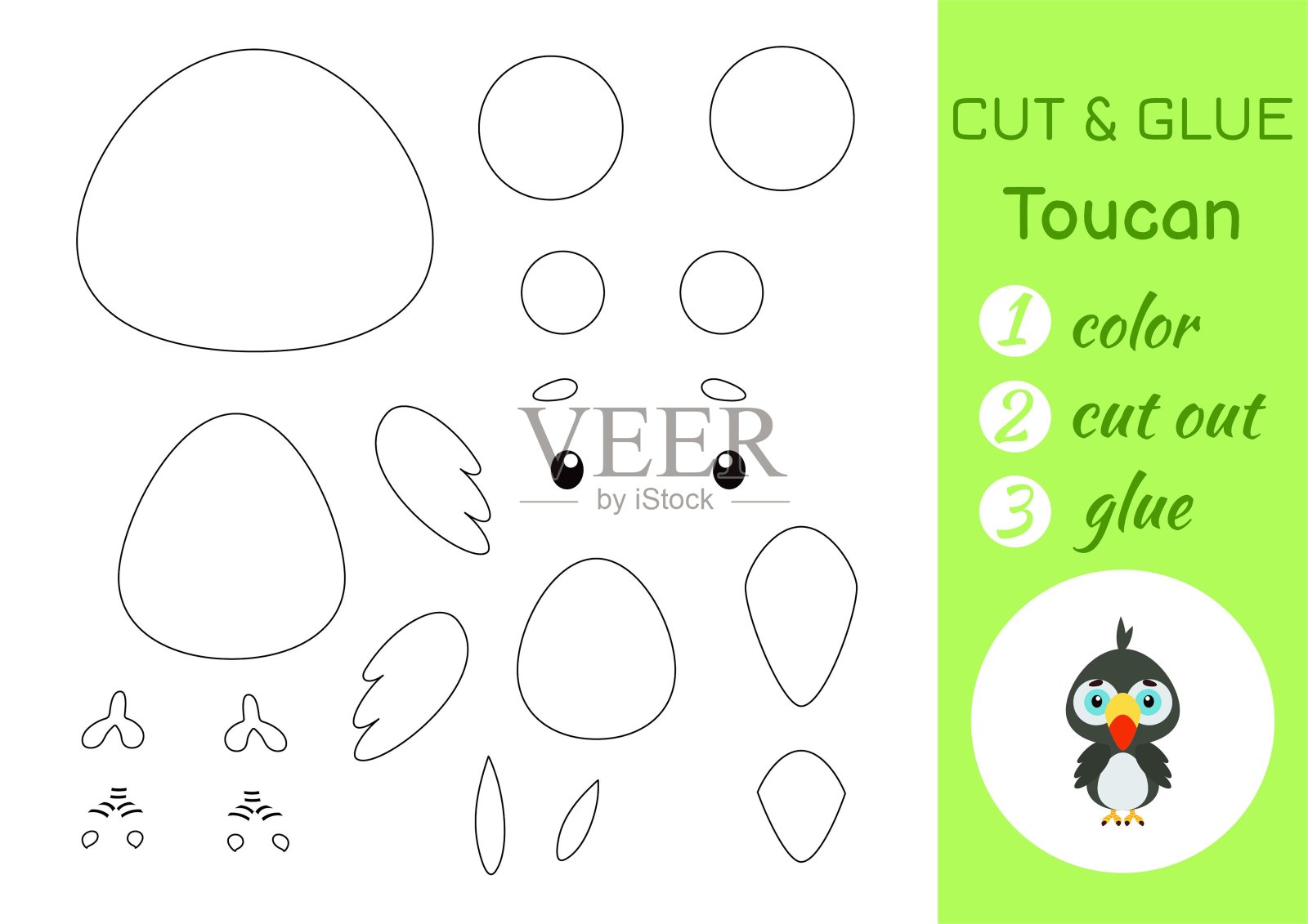 给小巨嘴鸟上色、剪纸、粘纸。剪贴工艺品活动页面。学龄前儿童的教育游戏。DIY工作表。儿童逻辑游戏，拼图。矢量插图。插画图片素材