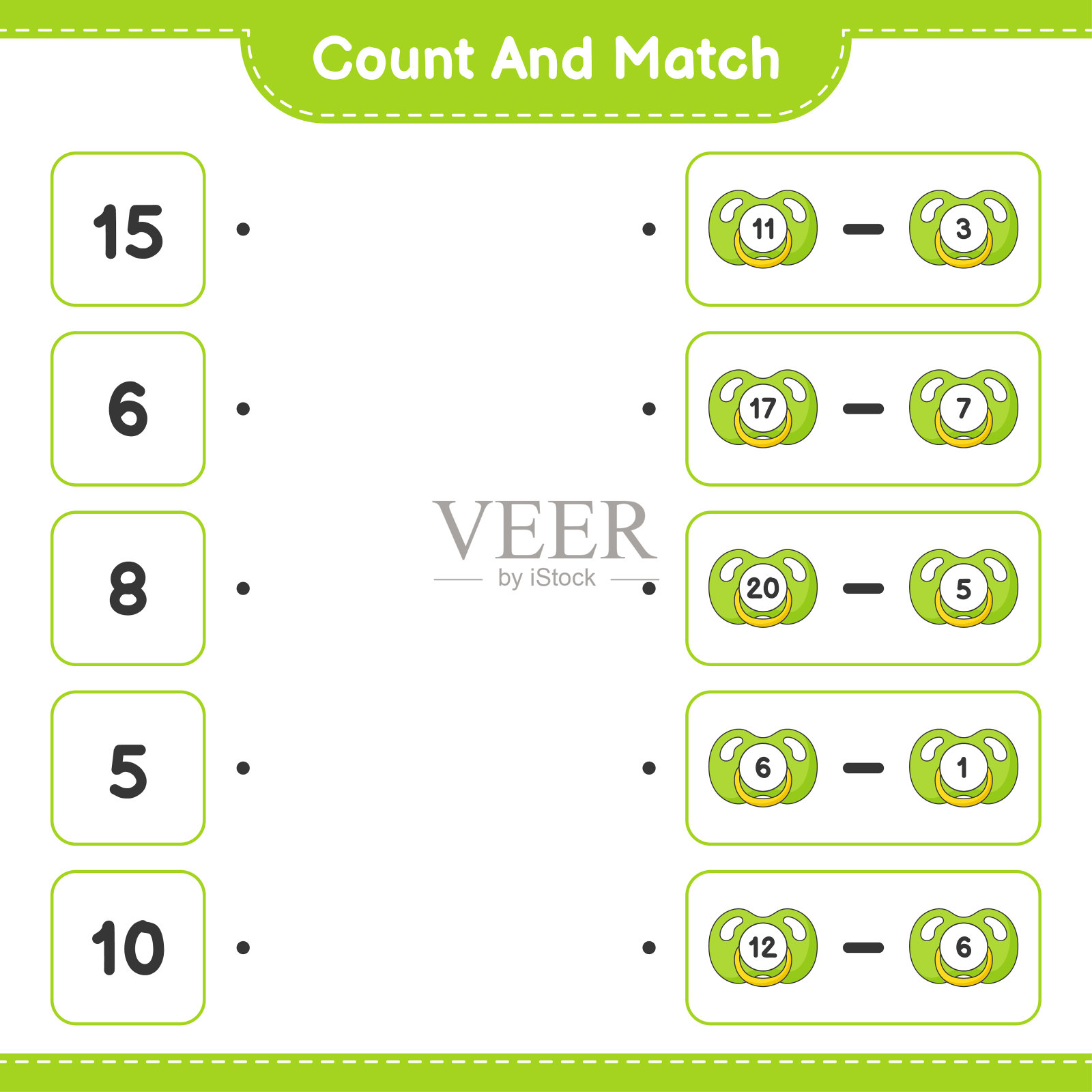 计数和匹配，计数奶嘴的数量和正确的数字匹配。教育儿童游戏，可打印的工作表，矢量插图插画图片素材