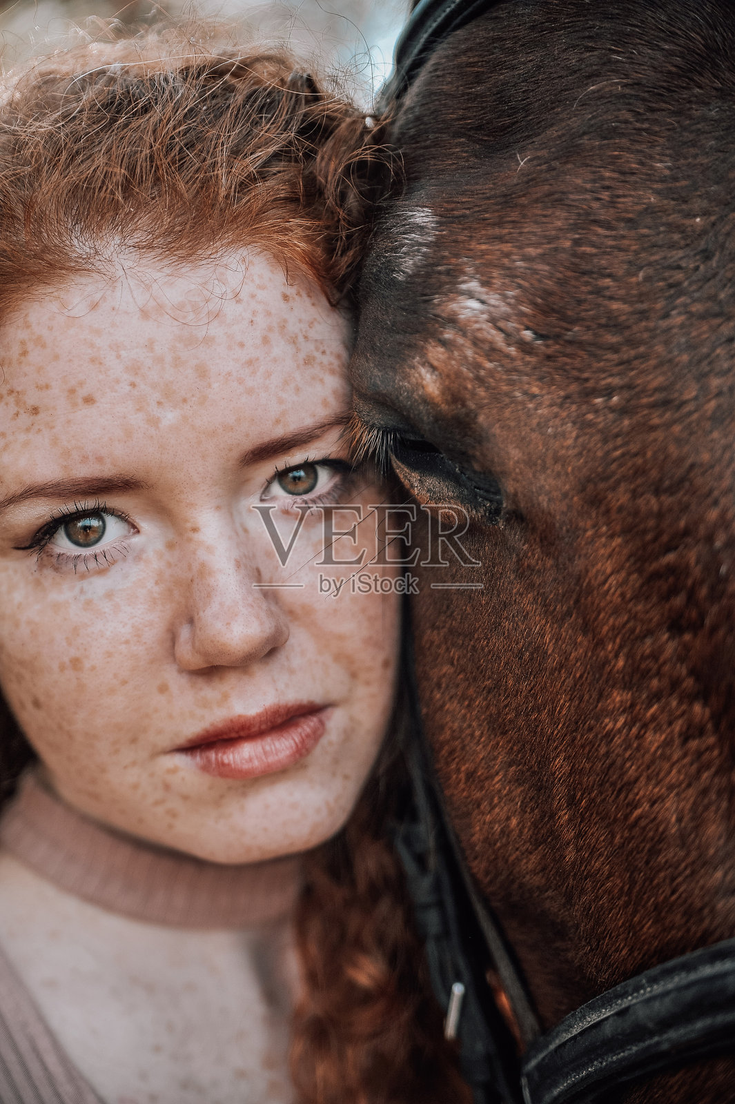 近距离的肖像美丽的红发女人与马在户外。照片摄影图片