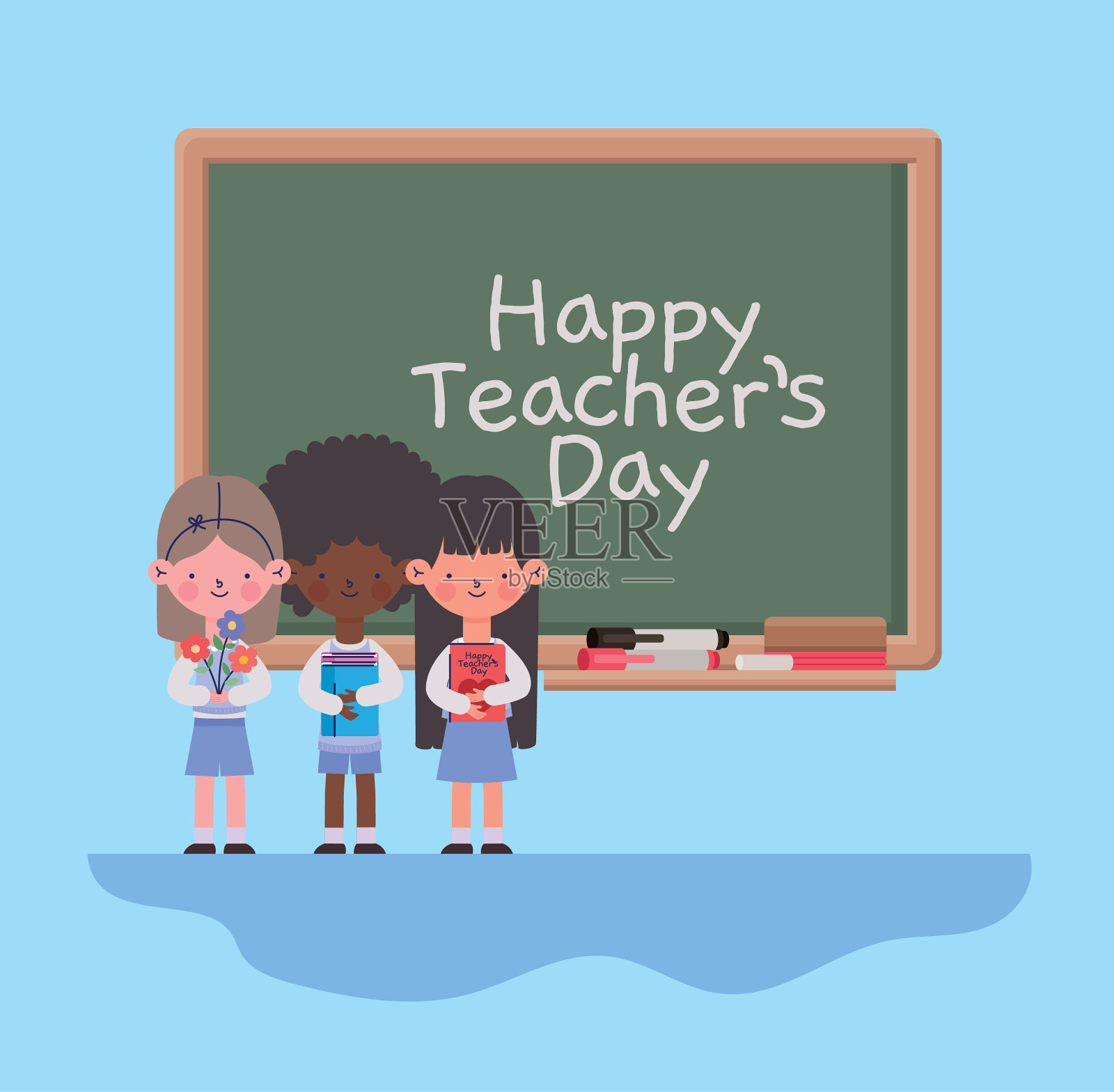 学生和黑板插画图片素材