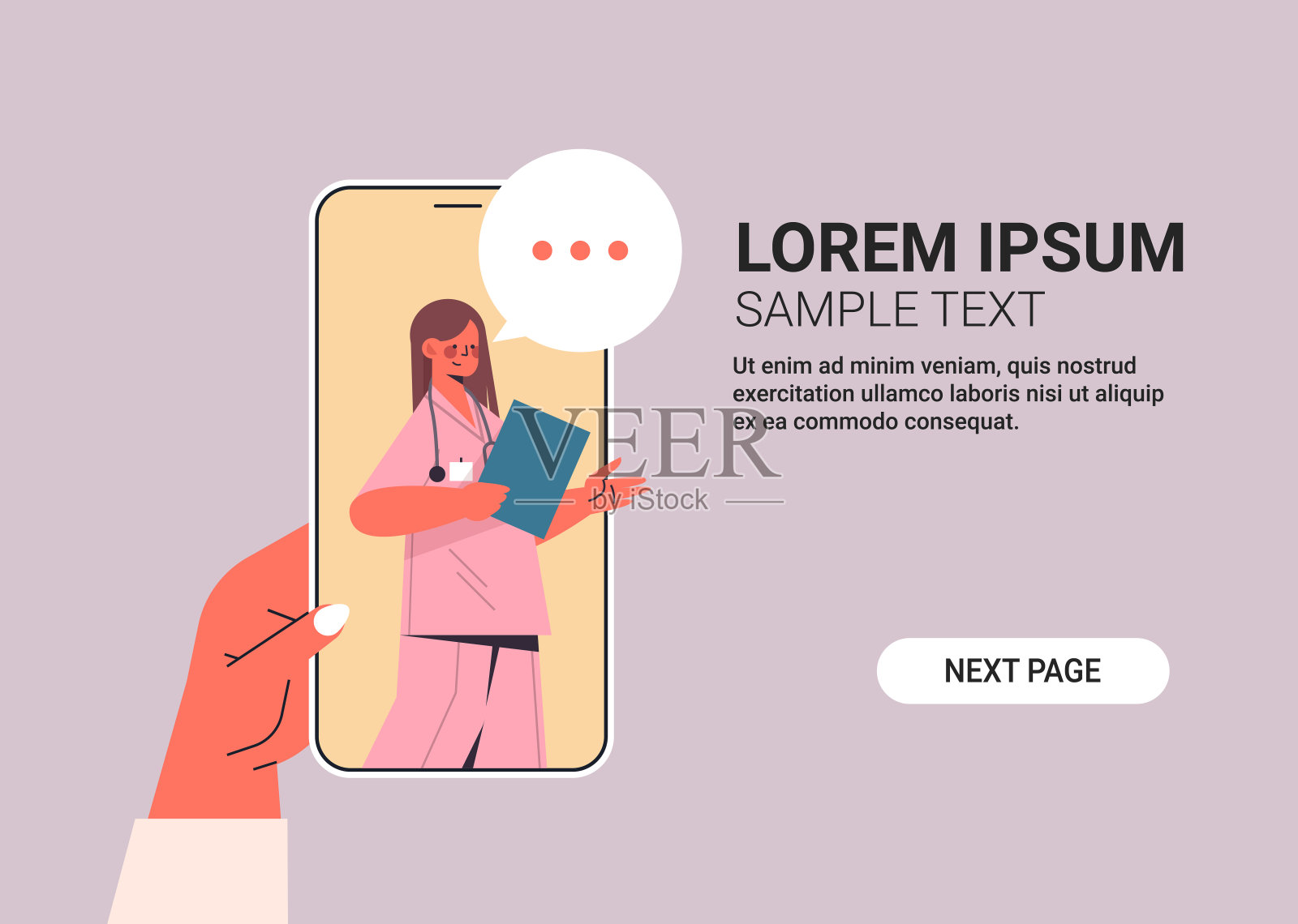 患者与女医生在智能手机屏幕上聊天聊天泡泡交流在线咨询插画图片素材