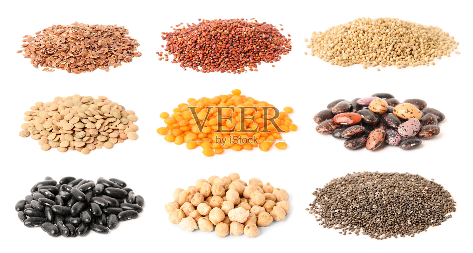 以不同的豆类、谷物和种子为背景，白色背景，条幅图案。素食照片摄影图片
