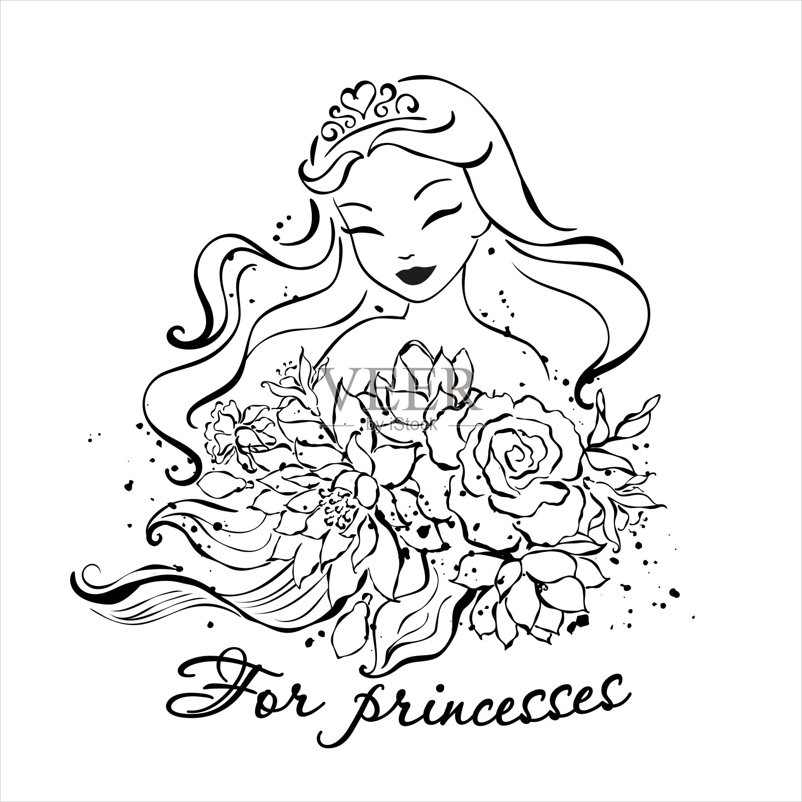 美丽的公主们捧着一束花。时尚的水墨水彩风格。公主文本插画图片素材