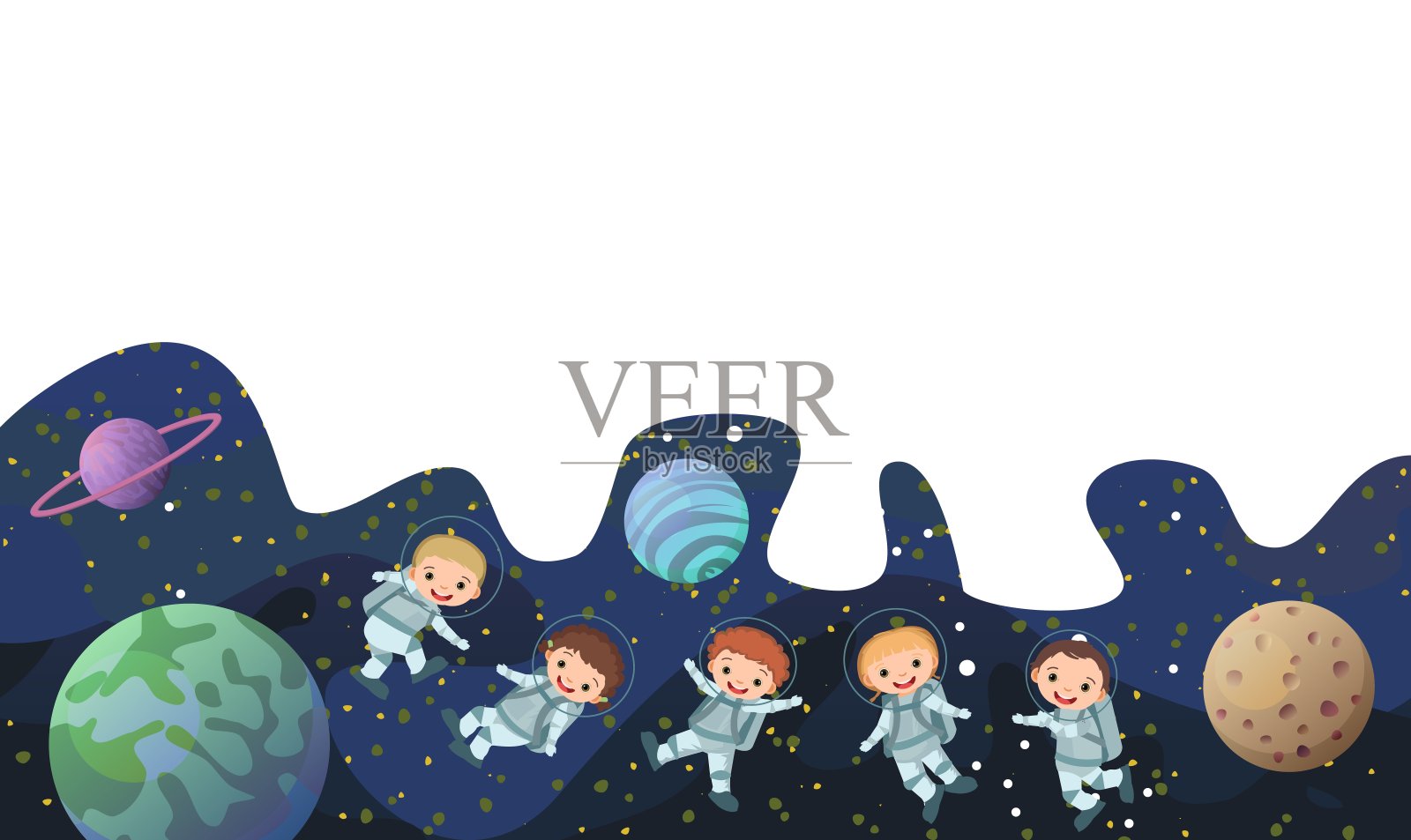 空间背景。孩子的宇航员。儿童插图。框架。穿着太空服的宇航员，行星和布满星星的天空景观。黑暗的颜色。平的风格。卡通设计。向量插画图片素材