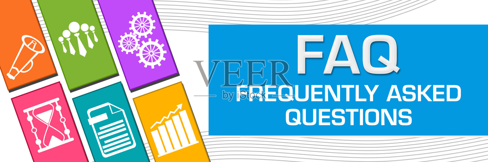 常见问题解答-常见问题蓝色彩色商业符号左方框插画图片素材