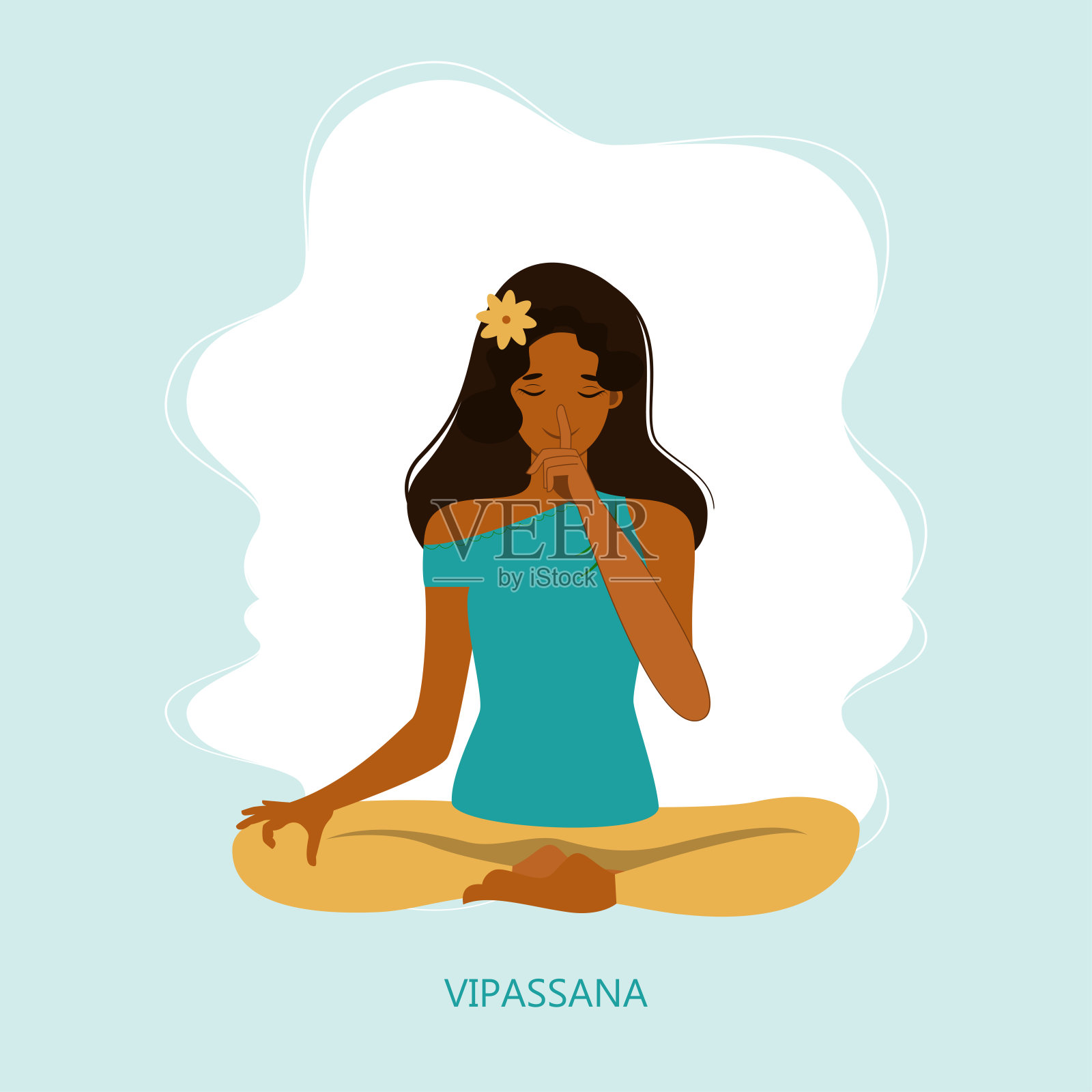 年轻女子闭着眼睛，盘腿坐在地板上沉思。瑜伽静修、修行、内观禅修。平面卡通矢量插图。“n”n插画图片素材