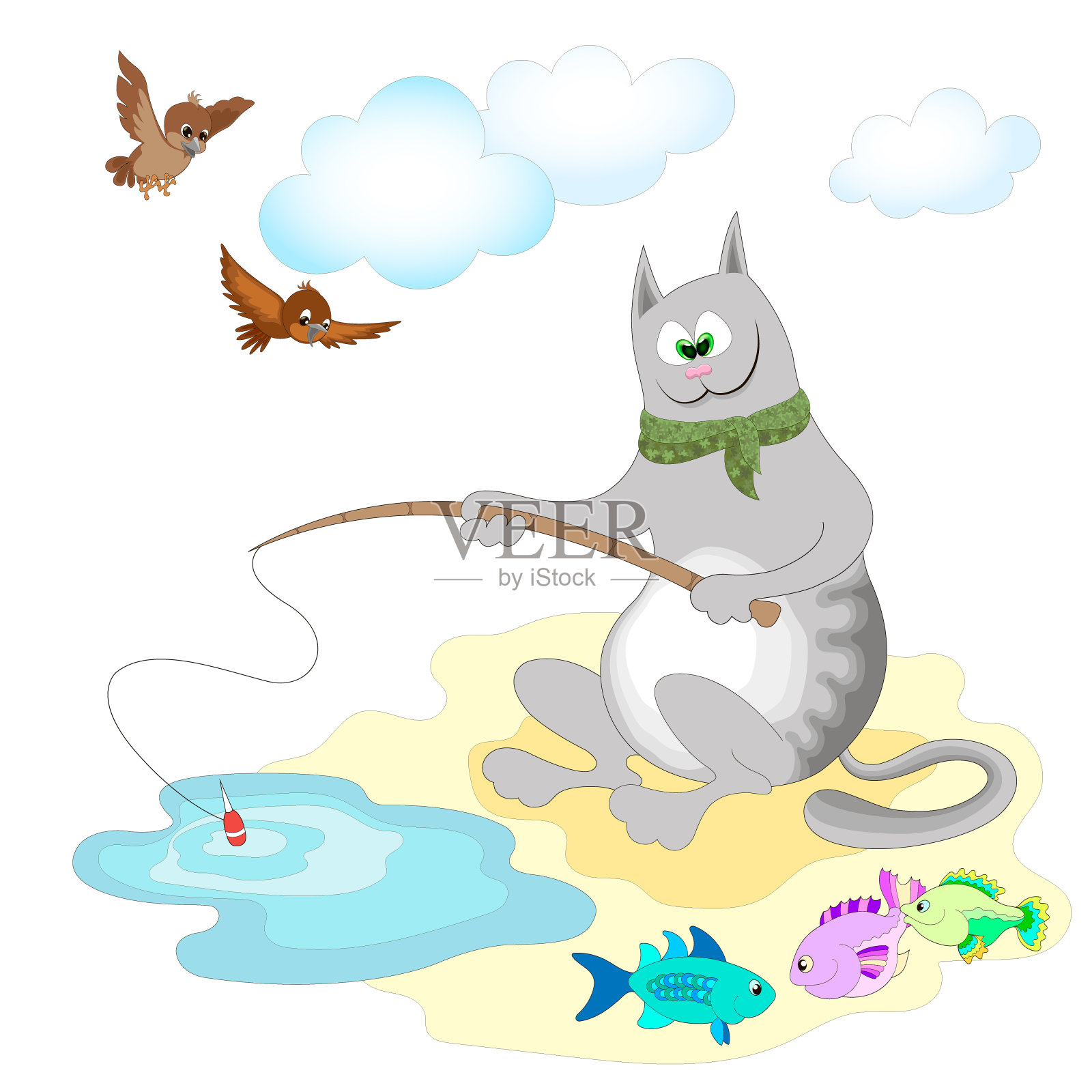 灰猫用鱼竿钓鱼插画图片素材