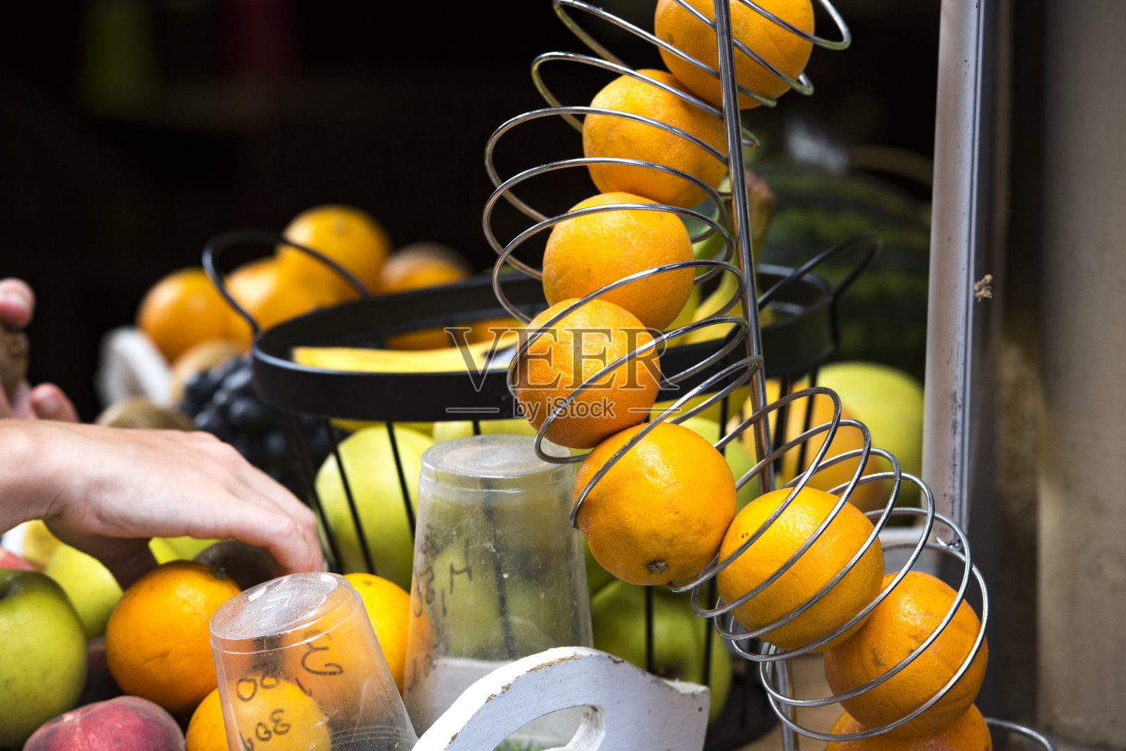 在专业的橙汁机中查看新鲜的橙果照片摄影图片