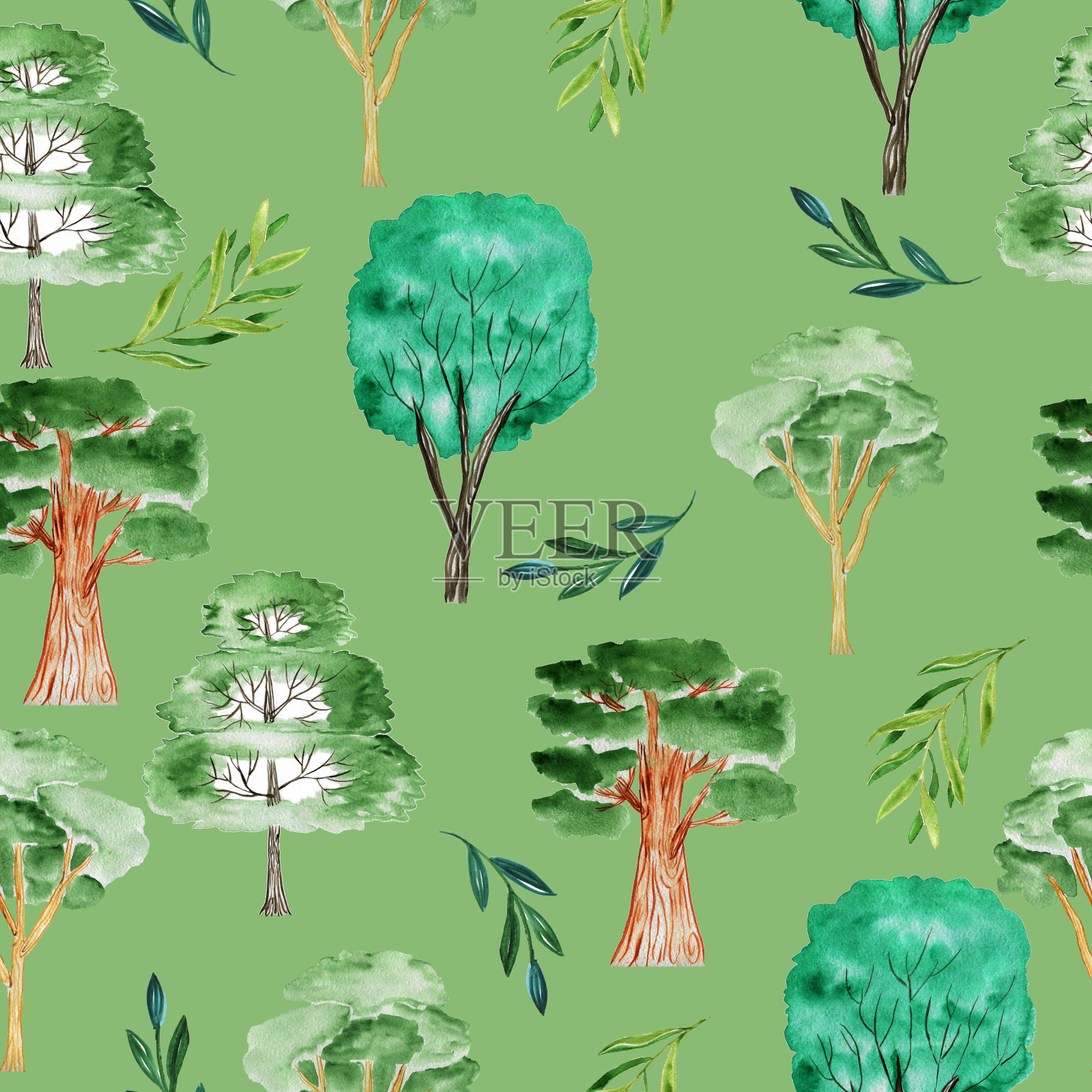 水彩模式树。无缝的森林。设计元素的收集。设计要素插画图片素材