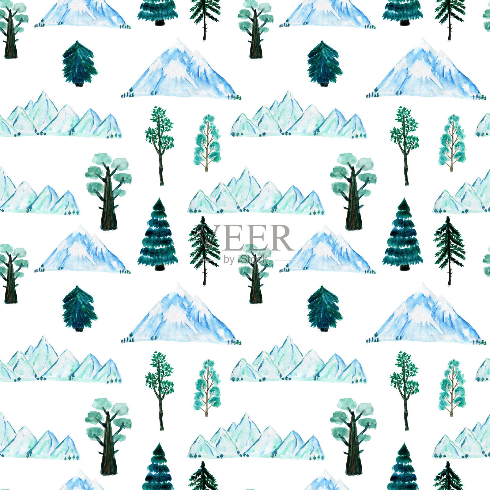 水彩模式树。无缝的森林。设计元素的收集。设计要素插画图片素材