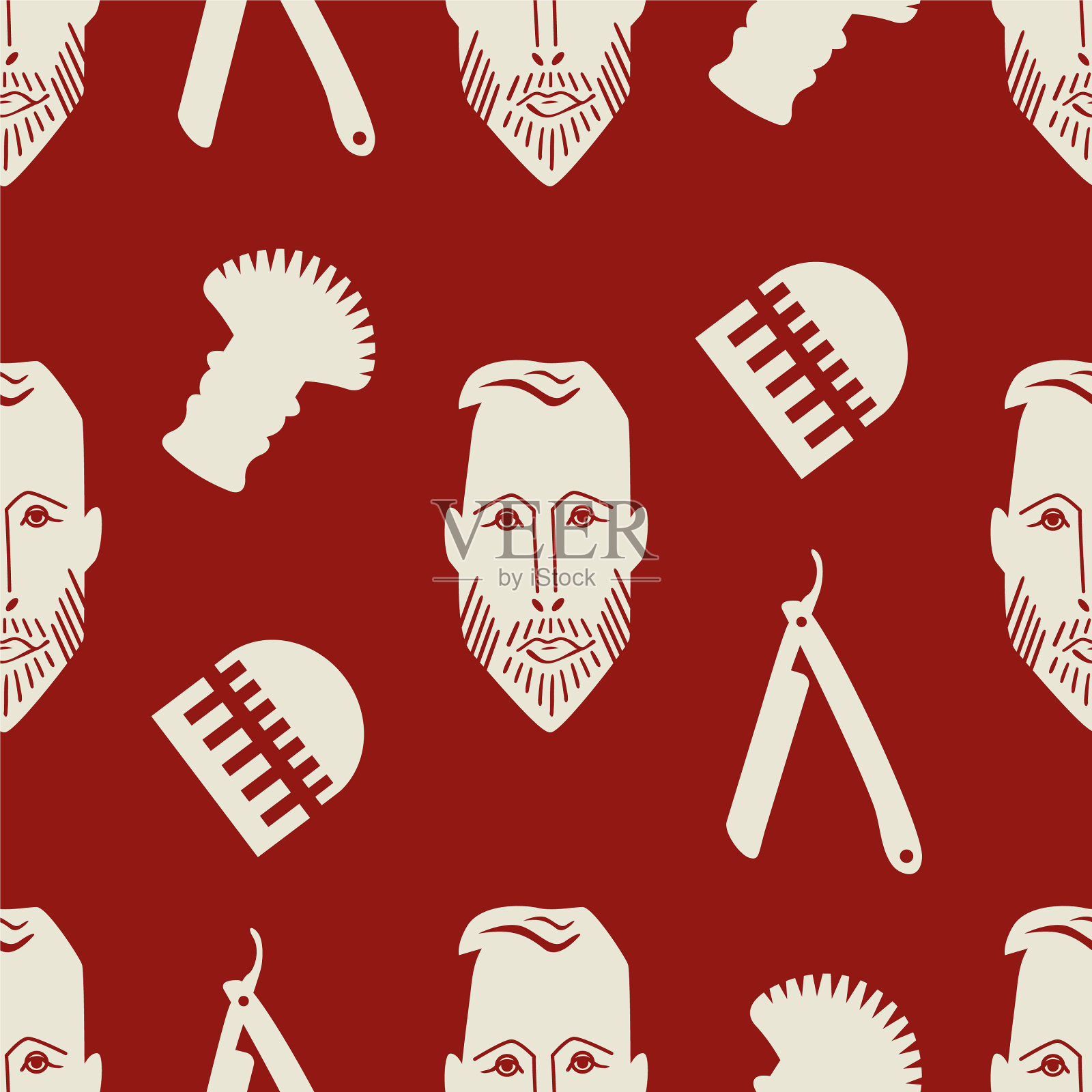 男性面部和理发工具无缝图案插画图片素材