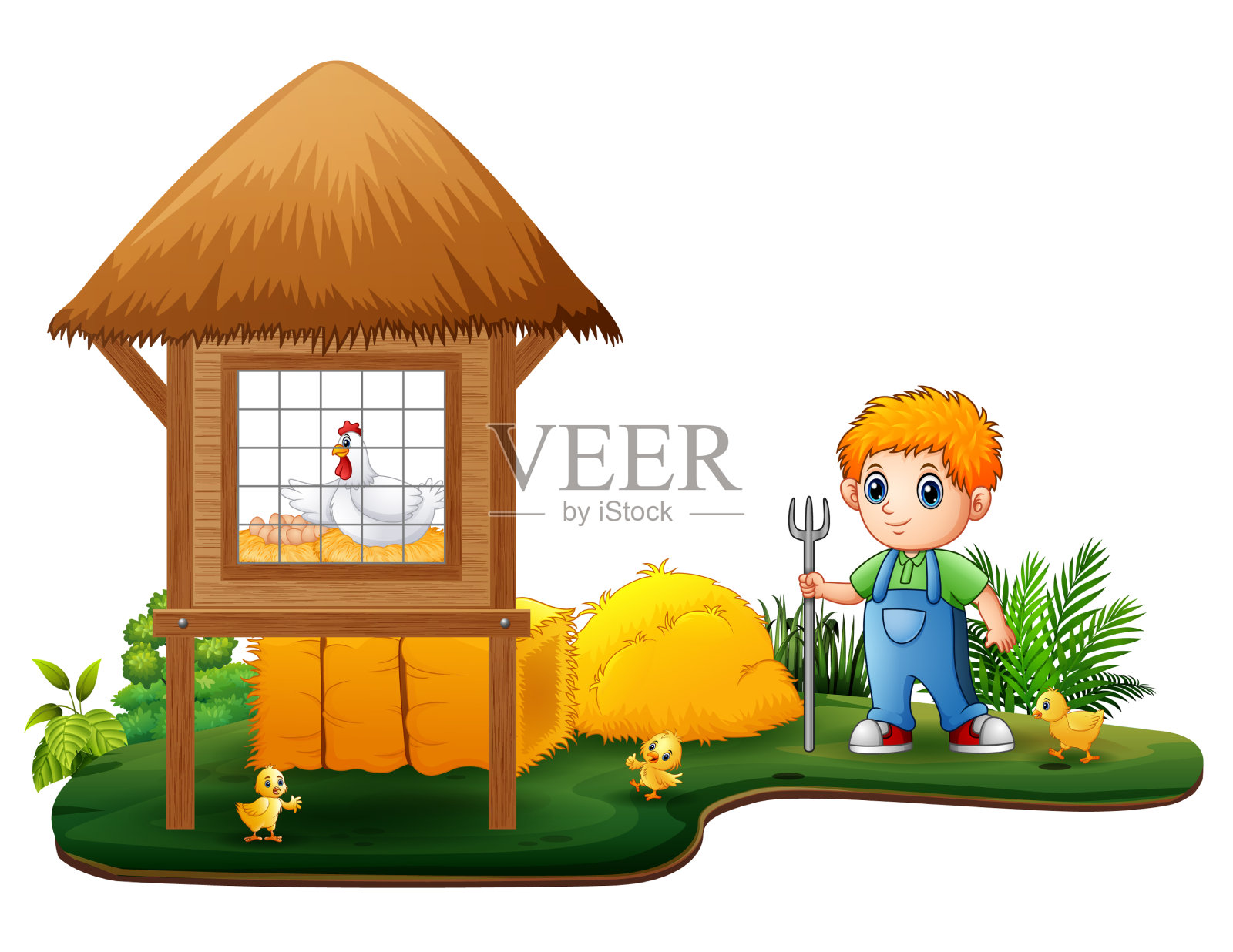 年轻的农民和农场里的鸡插画图片素材